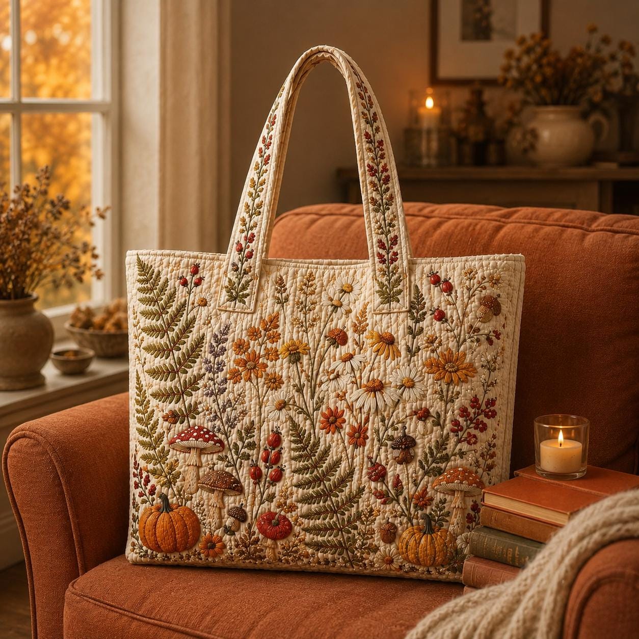 Autumn Botanical Tote Bag with Quilted Style for Wildflower Mushroom Pumpkin Fall Market Bag and Cottagecore Nature Gift for Her - photo 2