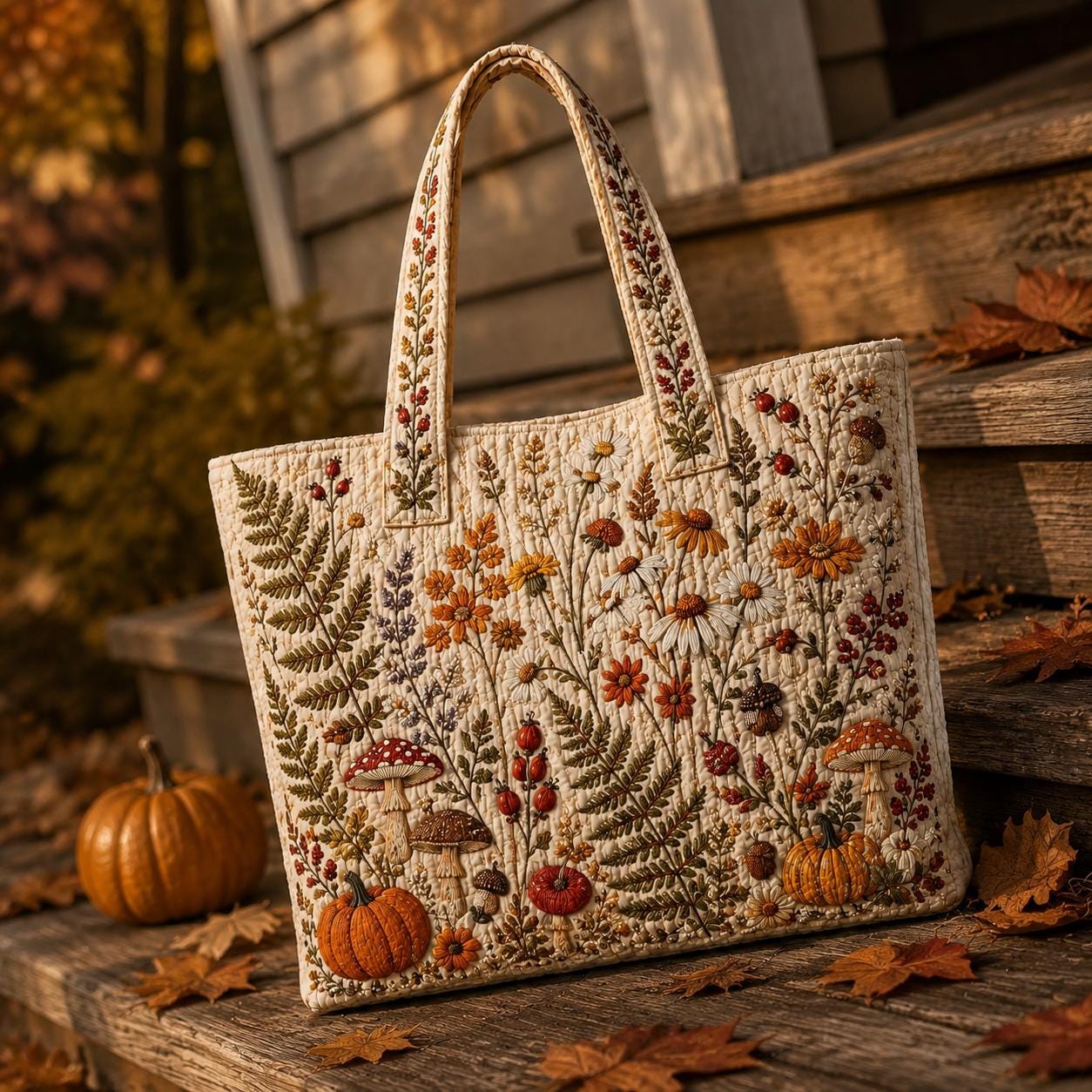 Autumn Botanical Tote Bag with Quilted Style for Wildflower Mushroom Pumpkin Fall Market Bag and Cottagecore Nature Gift for Her - photo 4