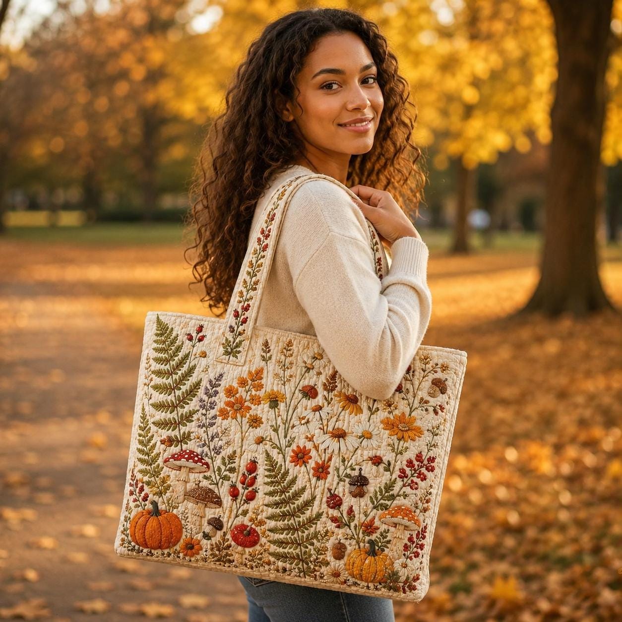 Autumn Botanical Tote Bag with Quilted Style for Wildflower Mushroom Pumpkin Fall Market Bag and Cottagecore Nature Gift for Her - photo 5