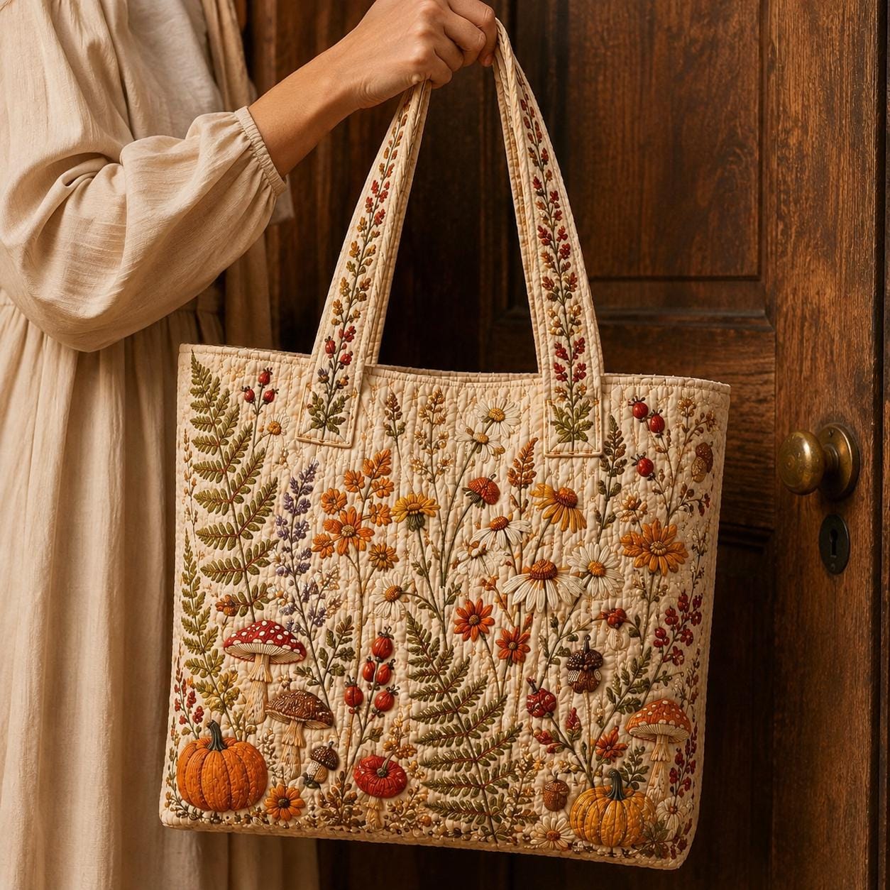 Autumn Botanical Tote Bag with Quilted Style for Wildflower Mushroom Pumpkin Fall Market Bag and Cottagecore Nature Gift for Her - photo 6