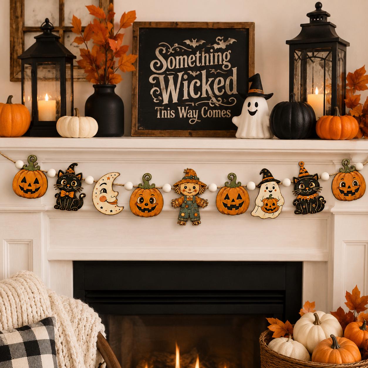 Rustic Halloween Wooden Garland Banner with Pumpkin, Black Cat, Ghost and Scarecrow – Fall Mantel and Wall Decor