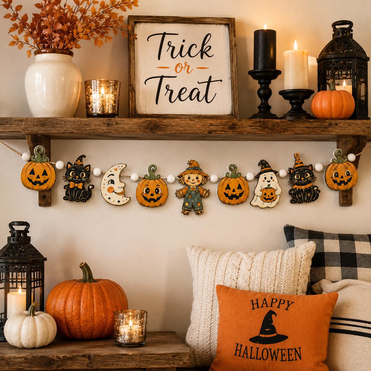 Rustic Halloween Wooden Garland Banner with Pumpkin, Black Cat, Ghost and Scarecrow – Fall Mantel and Wall Decor - photo 2