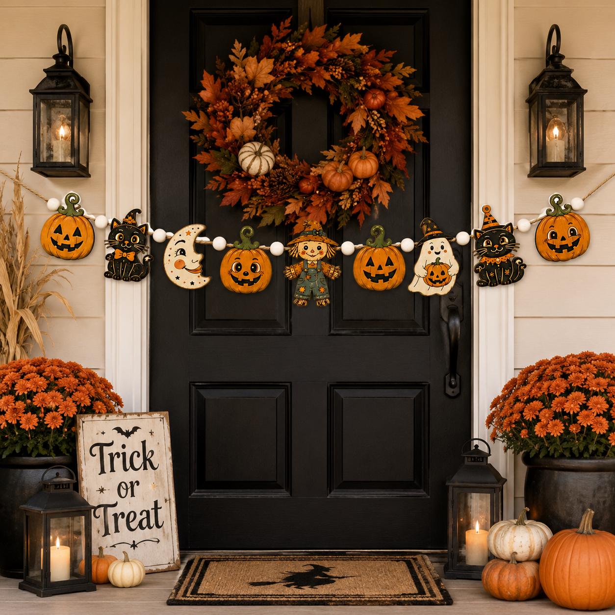 Rustic Halloween Wooden Garland Banner with Pumpkin, Black Cat, Ghost and Scarecrow – Fall Mantel and Wall Decor - photo 3