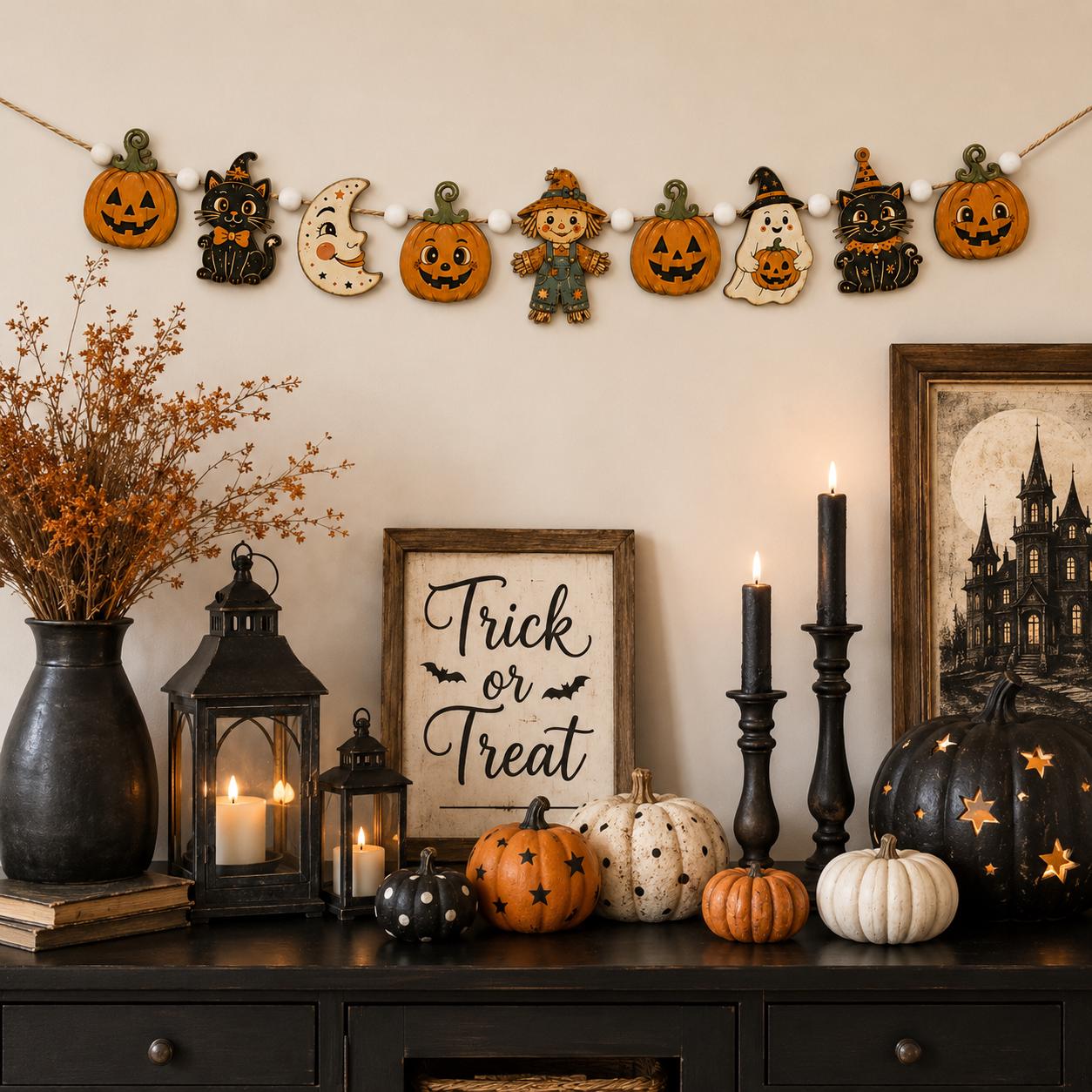 Rustic Halloween Wooden Garland Banner with Pumpkin, Black Cat, Ghost and Scarecrow – Fall Mantel and Wall Decor - photo 6