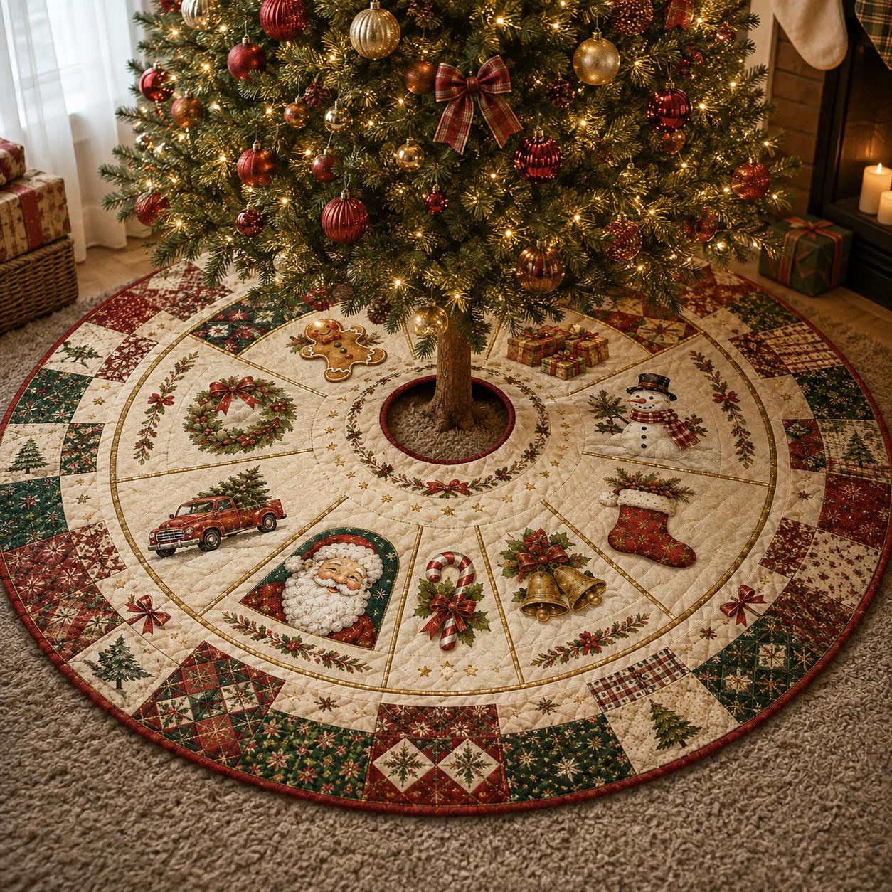 Quilt Style Farmhouse Christmas Tree Skirt with Santa, Snowman and Gingerbread – Xmas Holiday Tree Mat Decor