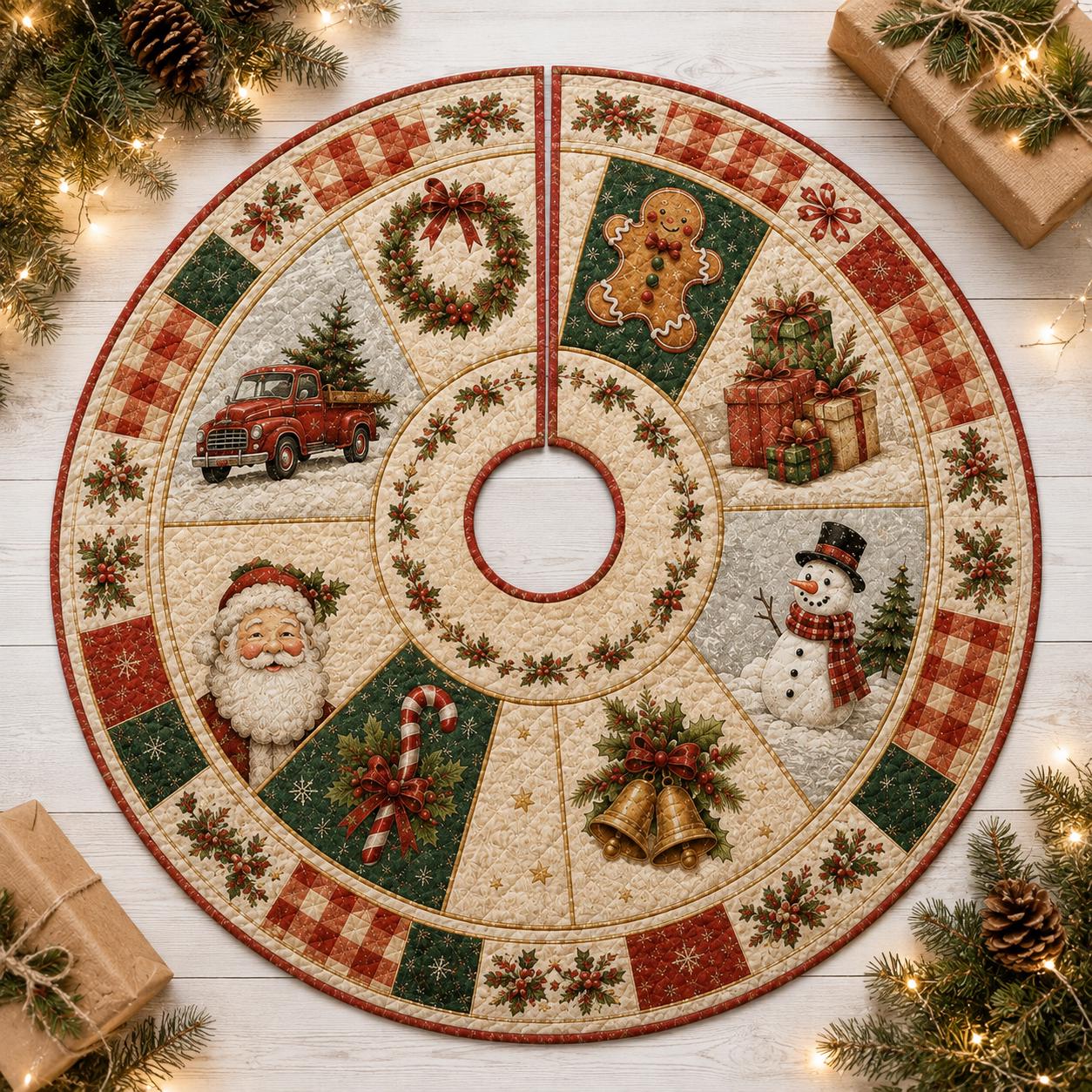 Quilt Style Farmhouse Christmas Tree Skirt with Santa, Snowman and Gingerbread – Xmas Holiday Tree Mat Decor - photo 3