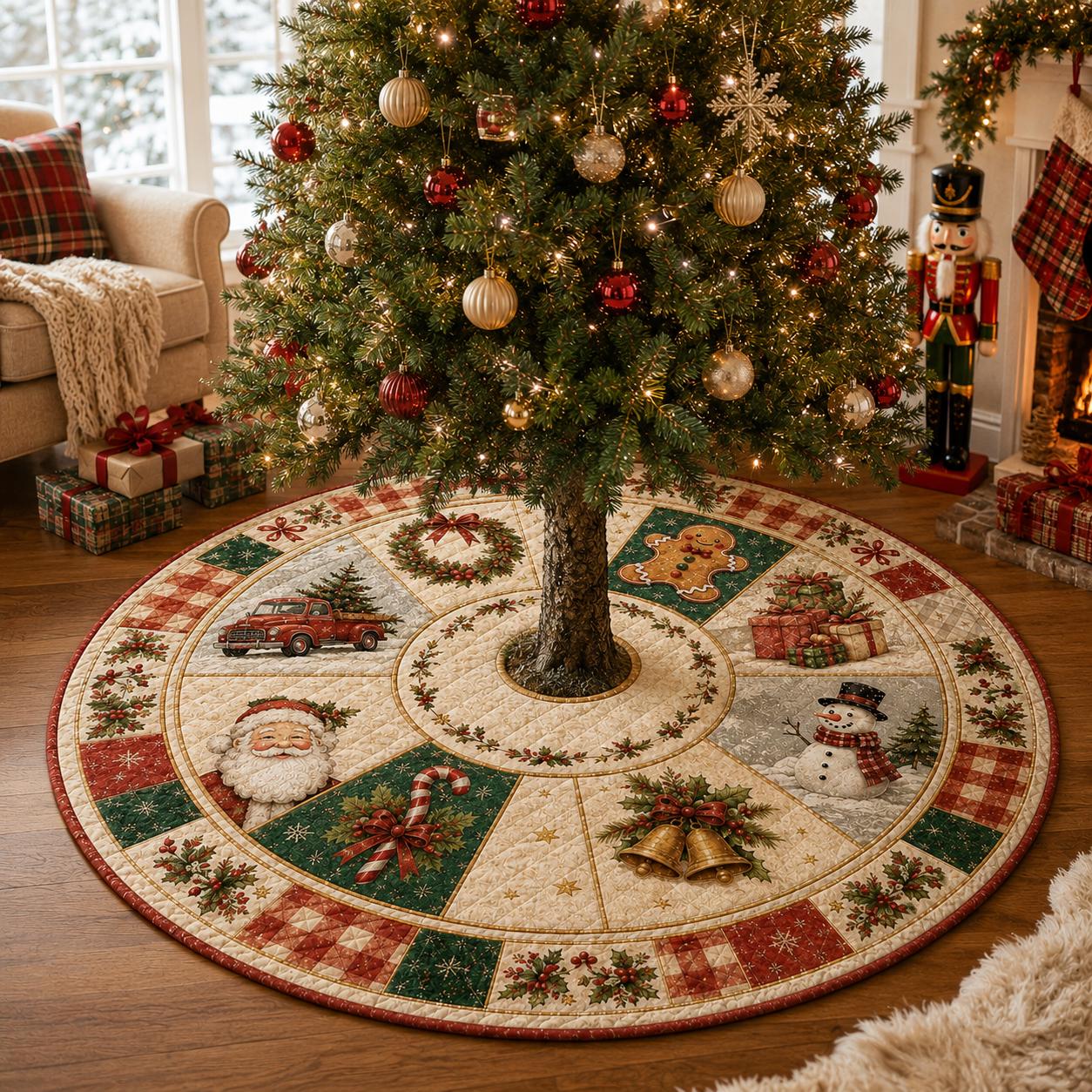 Quilt Style Farmhouse Christmas Tree Skirt with Santa, Snowman and Gingerbread – Xmas Holiday Tree Mat Decor - photo 4