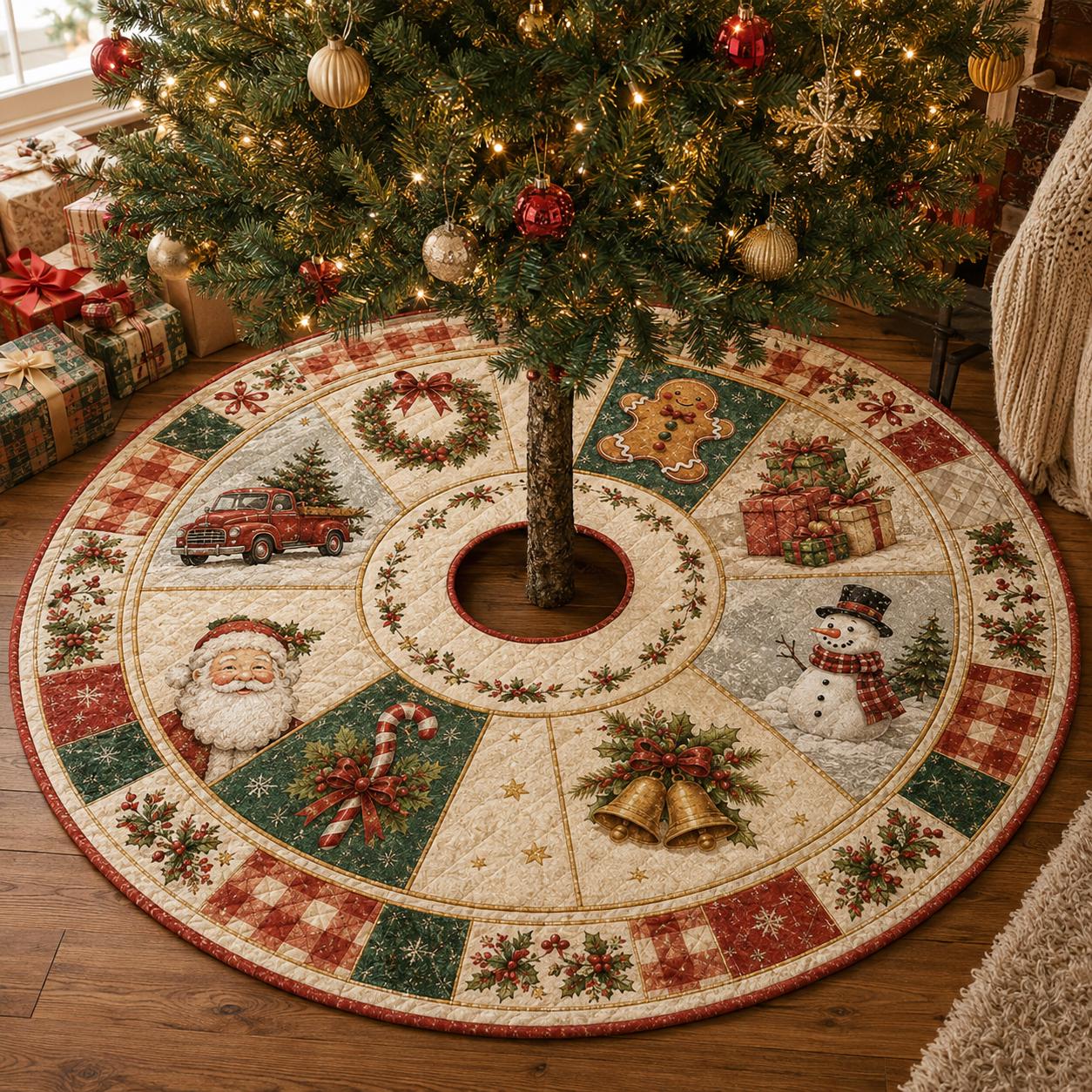 Quilt Style Farmhouse Christmas Tree Skirt with Santa, Snowman and Gingerbread – Xmas Holiday Tree Mat Decor - photo 5