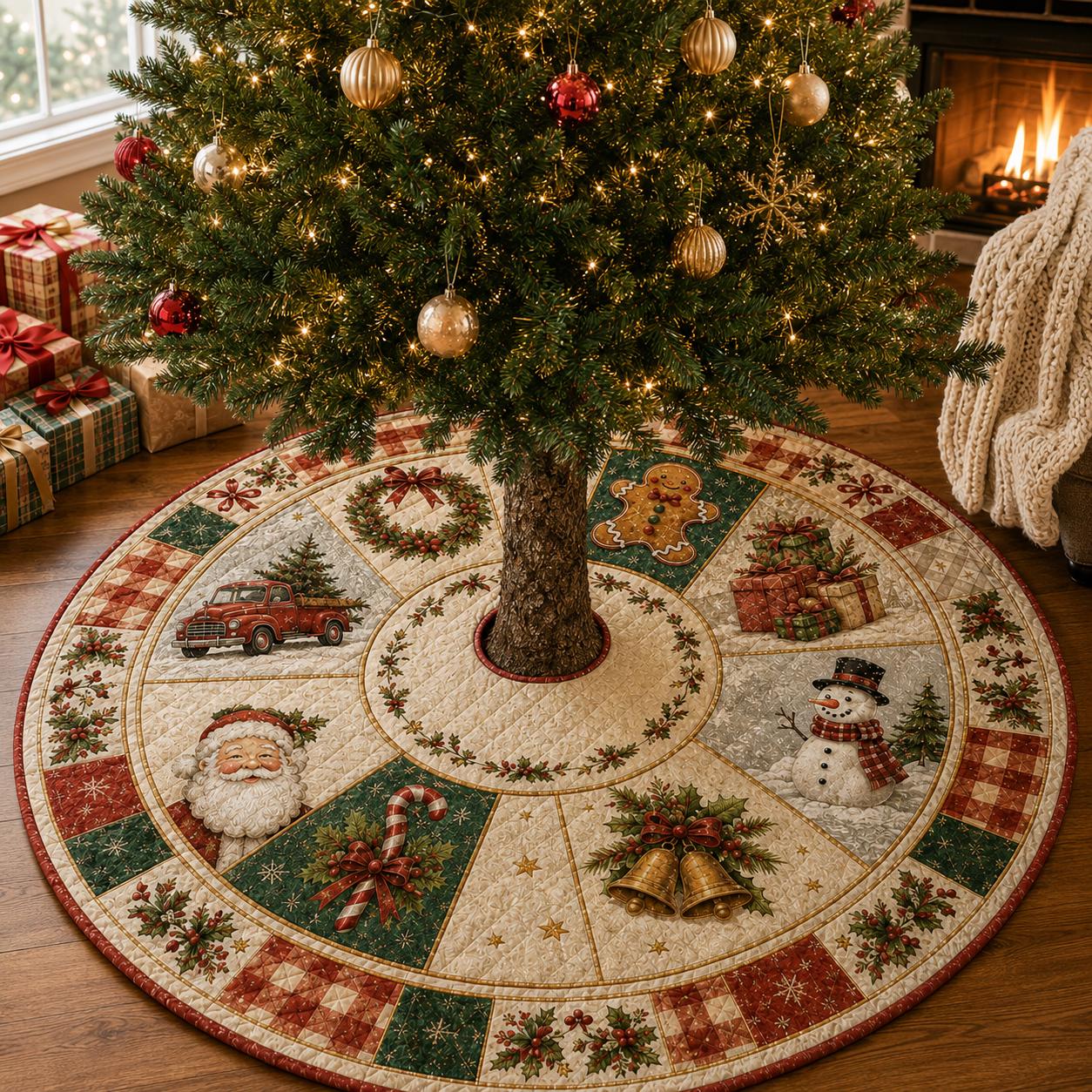 Quilt Style Farmhouse Christmas Tree Skirt with Santa, Snowman and Gingerbread – Xmas Holiday Tree Mat Decor - photo 6