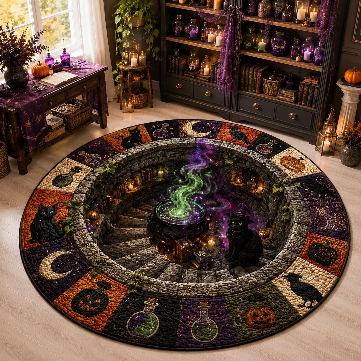3D Illusion Quilted Witch Cauldron Halloween Round Rug with Black Cat, Spooky Gothic Floor Mat for Witchy Potion Room Decor