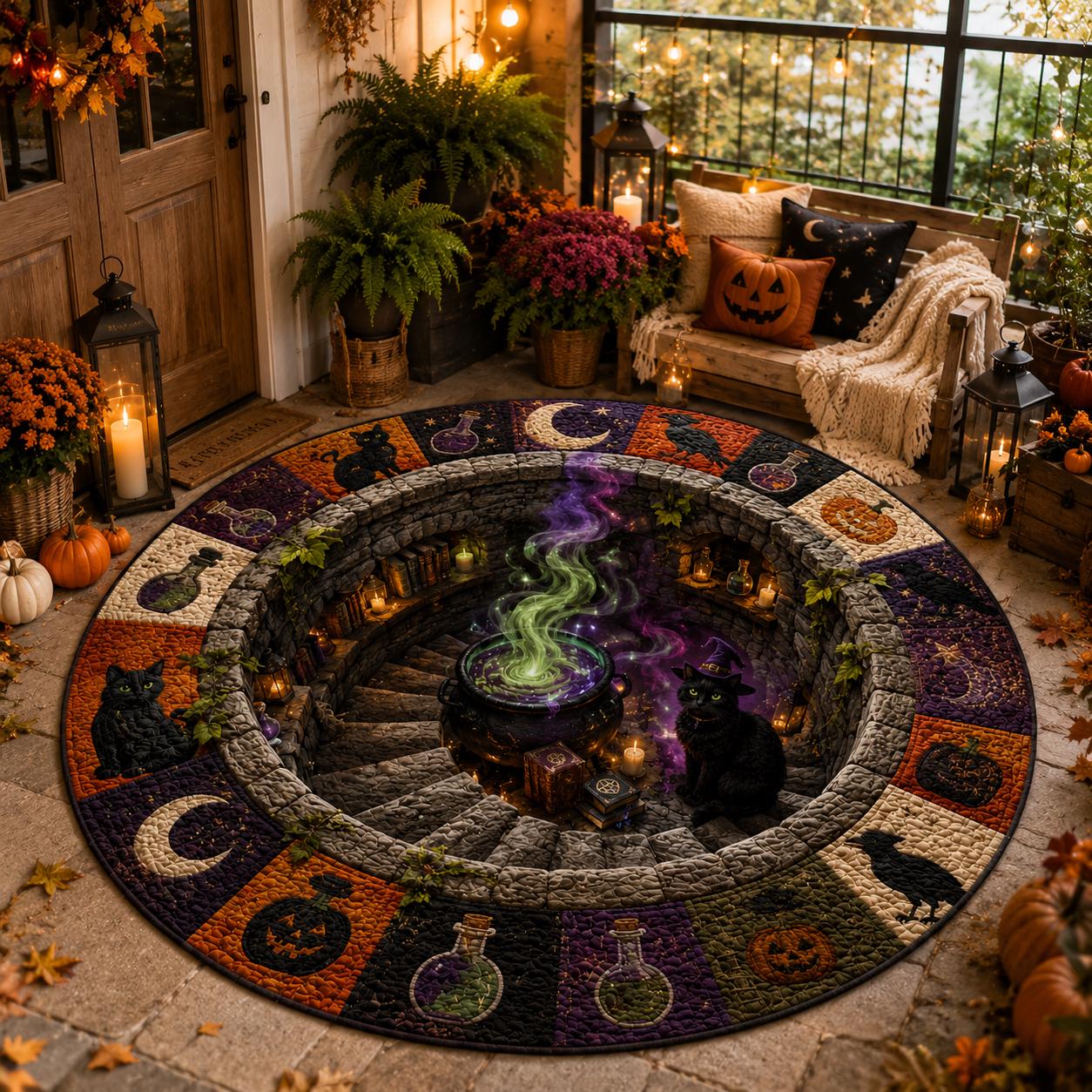 3D Illusion Quilted Witch Cauldron Halloween Round Rug with Black Cat, Spooky Gothic Floor Mat for Witchy Potion Room Decor - photo 2