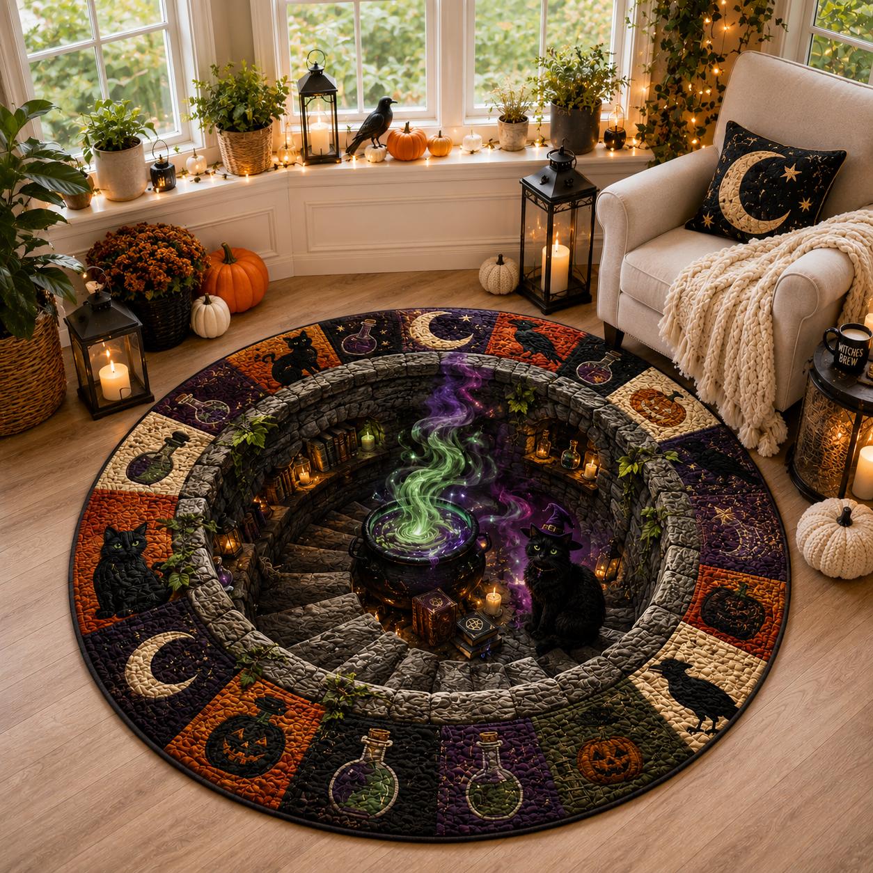 3D Illusion Quilted Witch Cauldron Halloween Round Rug with Black Cat, Spooky Gothic Floor Mat for Witchy Potion Room Decor - photo 3