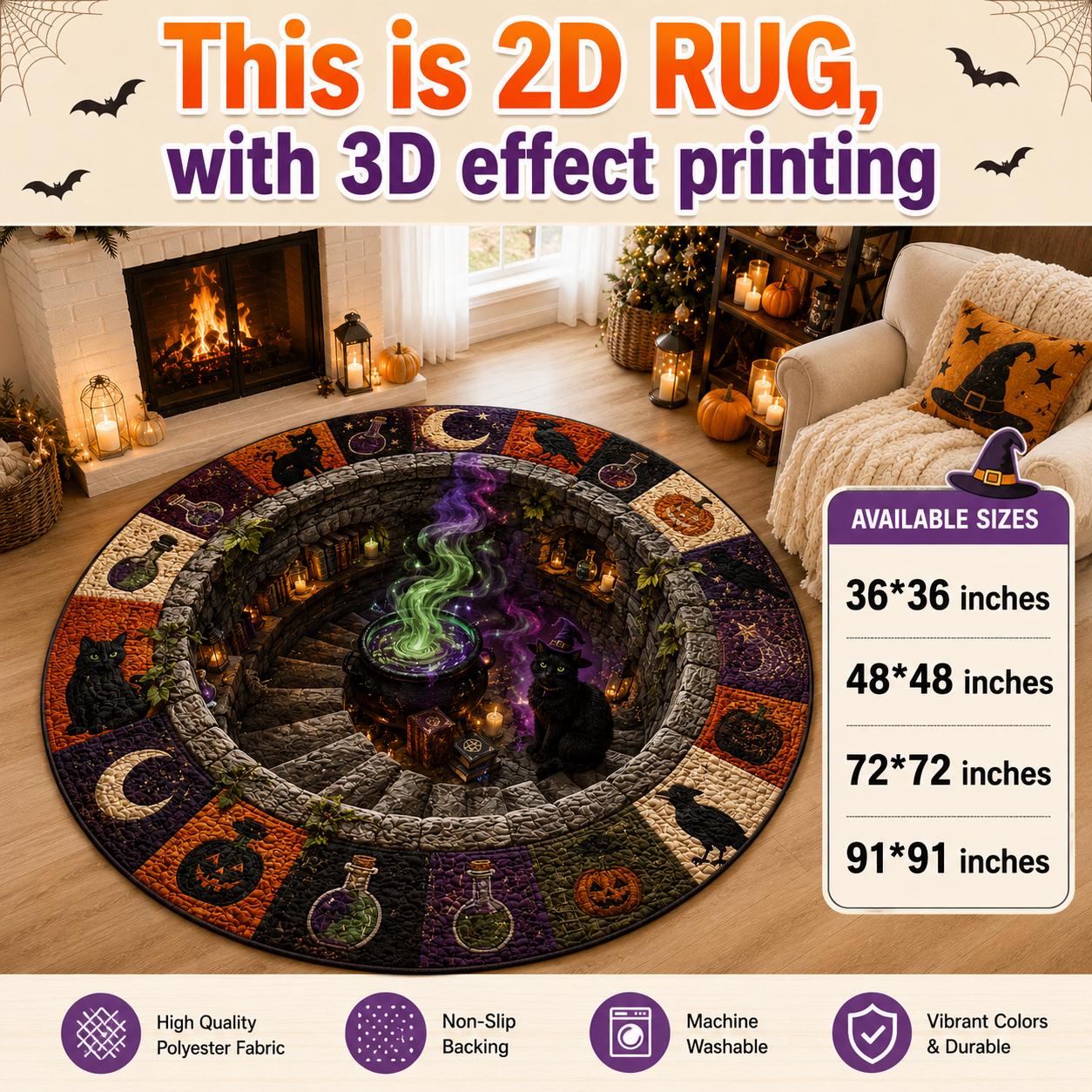 3D Illusion Quilted Witch Cauldron Halloween Round Rug with Black Cat, Spooky Gothic Floor Mat for Witchy Potion Room Decor - photo 4