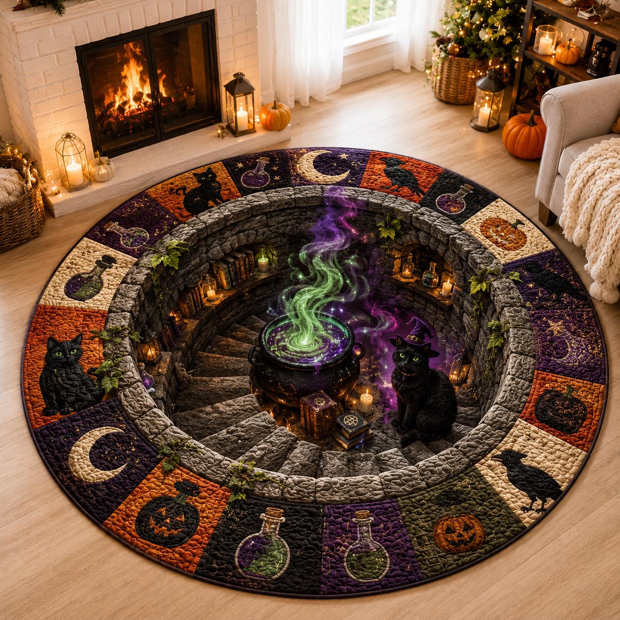 3D Illusion Quilted Witch Cauldron Halloween Round Rug with Black Cat, Spooky Gothic Floor Mat for Witchy Potion Room Decor - photo 5