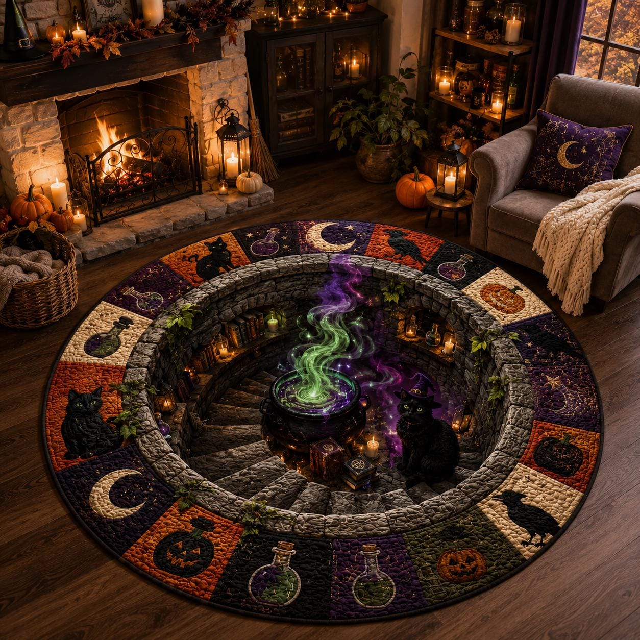 3D Illusion Quilted Witch Cauldron Halloween Round Rug with Black Cat, Spooky Gothic Floor Mat for Witchy Potion Room Decor - photo 6