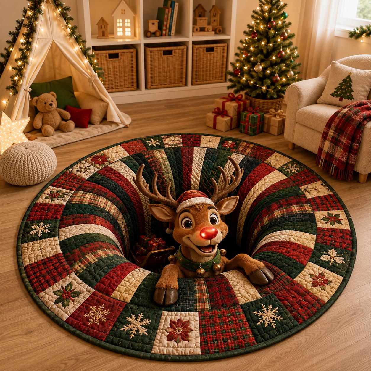3D Illusion Quilted Rudolph Red Nose Reindeer Christmas Round Rug, Cozy Holiday Floor Mat and Home Decor