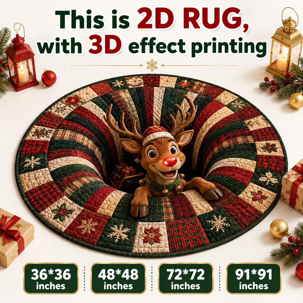 3D Illusion Quilted Rudolph Red Nose Reindeer Christmas Round Rug, Cozy Holiday Floor Mat and Home Decor - photo 2