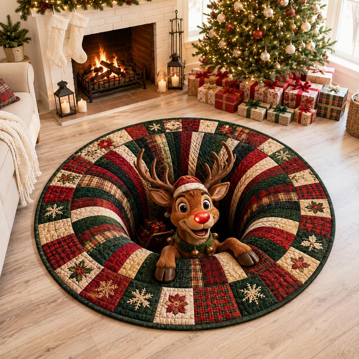 3D Illusion Quilted Rudolph Red Nose Reindeer Christmas Round Rug, Cozy Holiday Floor Mat and Home Decor - photo 3