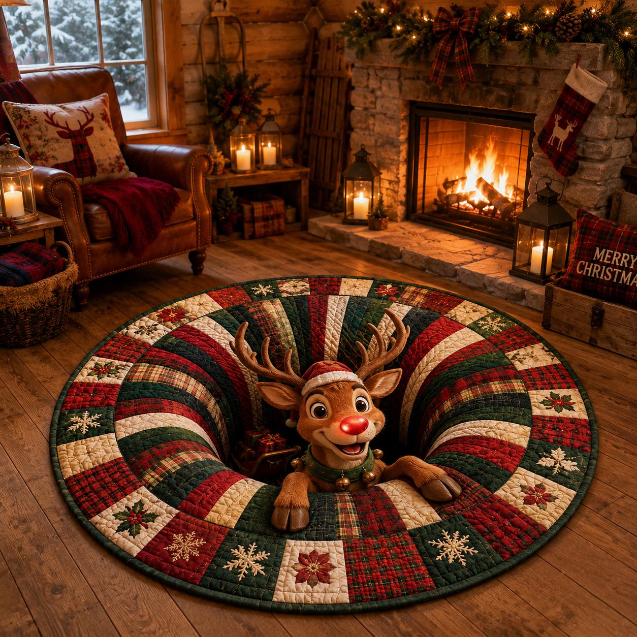 3D Illusion Quilted Rudolph Red Nose Reindeer Christmas Round Rug, Cozy Holiday Floor Mat and Home Decor - photo 4