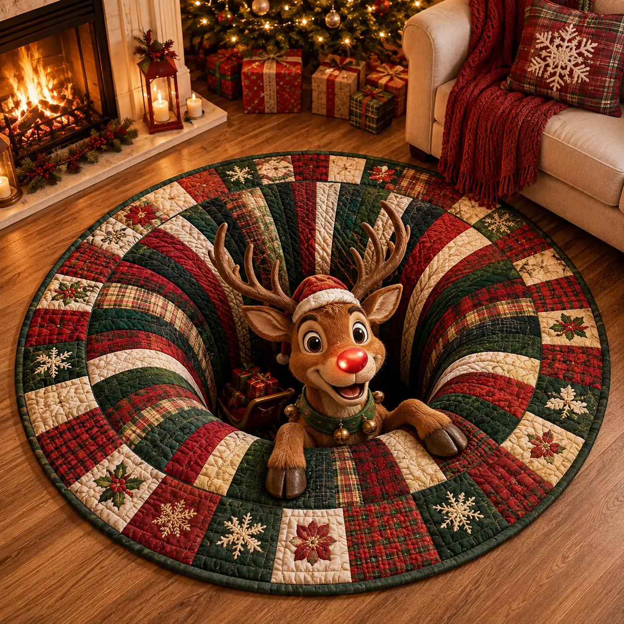 3D Illusion Quilted Rudolph Red Nose Reindeer Christmas Round Rug, Cozy Holiday Floor Mat and Home Decor - photo 5