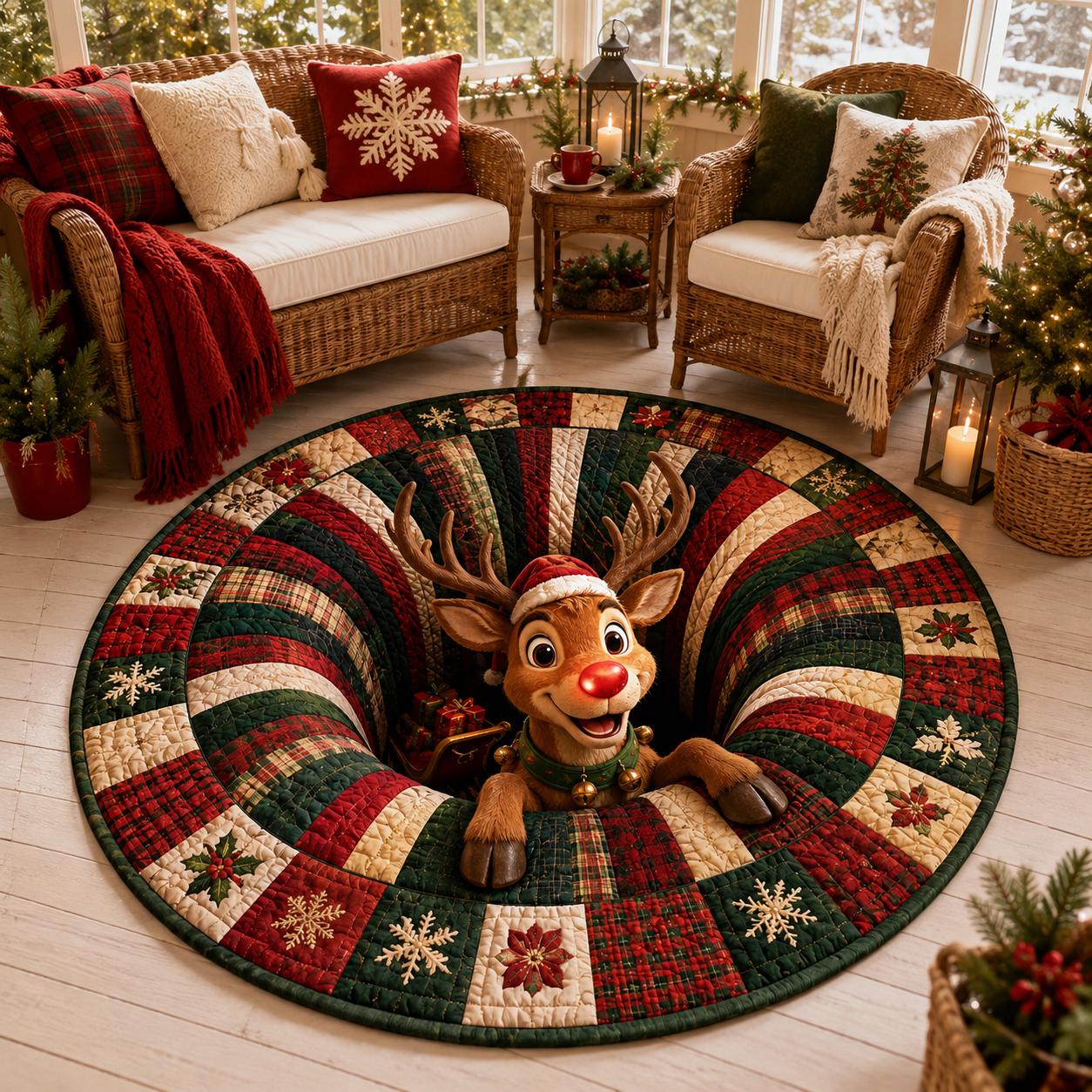 3D Illusion Quilted Rudolph Red Nose Reindeer Christmas Round Rug, Cozy Holiday Floor Mat and Home Decor - photo 6