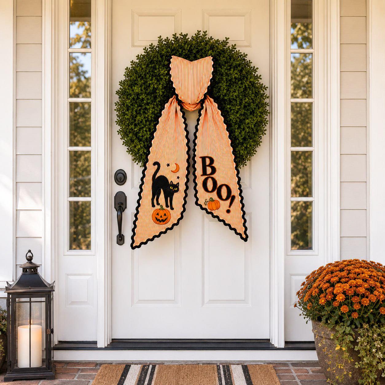 Halloween Wreath Sash And Black Cat Boo Front Door Bow With Orange Stripe Pumpkin Wreath Decor For Spooky Fall Porch Decoration