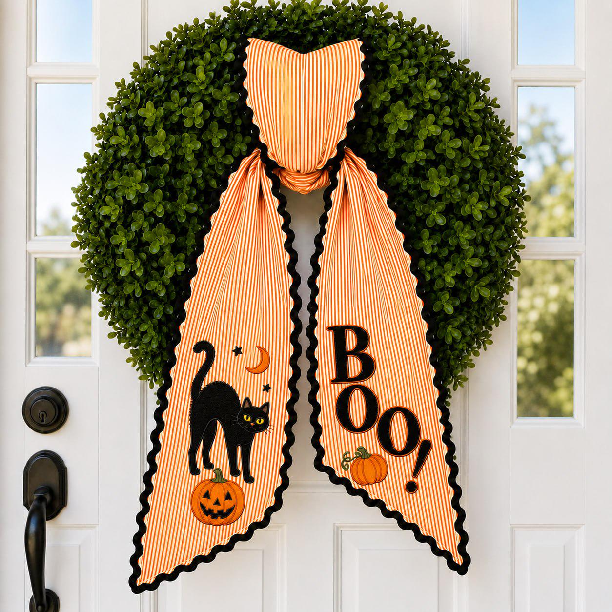 Halloween Wreath Sash And Black Cat Boo Front Door Bow With Orange Stripe Pumpkin Wreath Decor For Spooky Fall Porch Decoration - photo 2