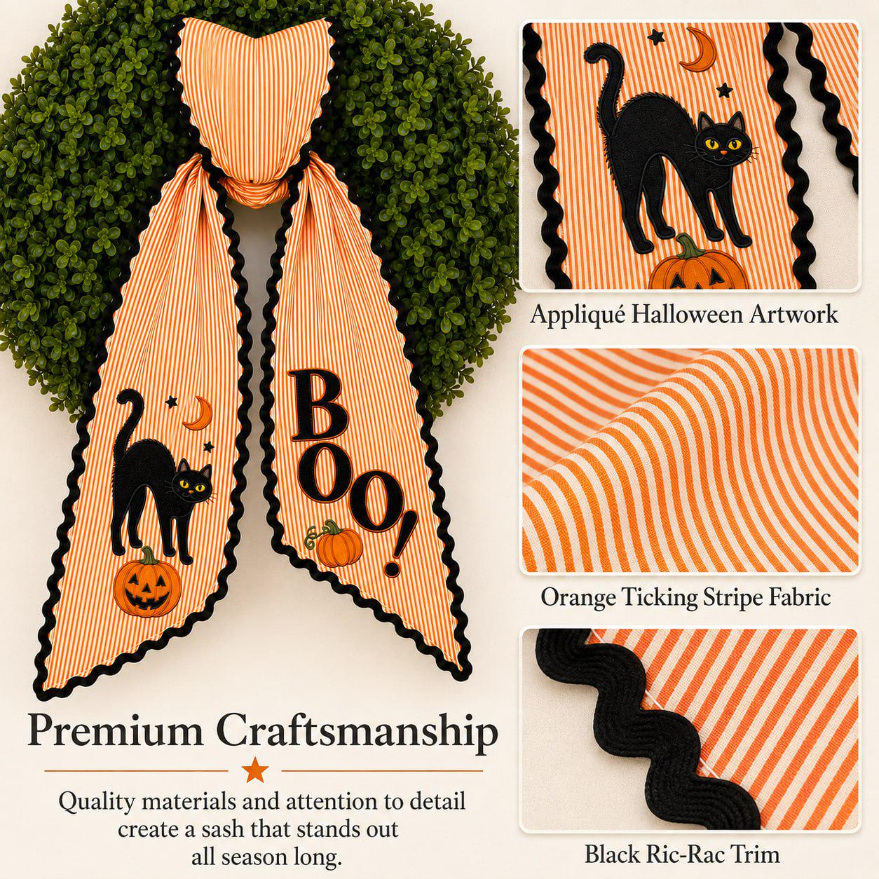 Halloween Wreath Sash And Black Cat Boo Front Door Bow With Orange Stripe Pumpkin Wreath Decor For Spooky Fall Porch Decoration - photo 6