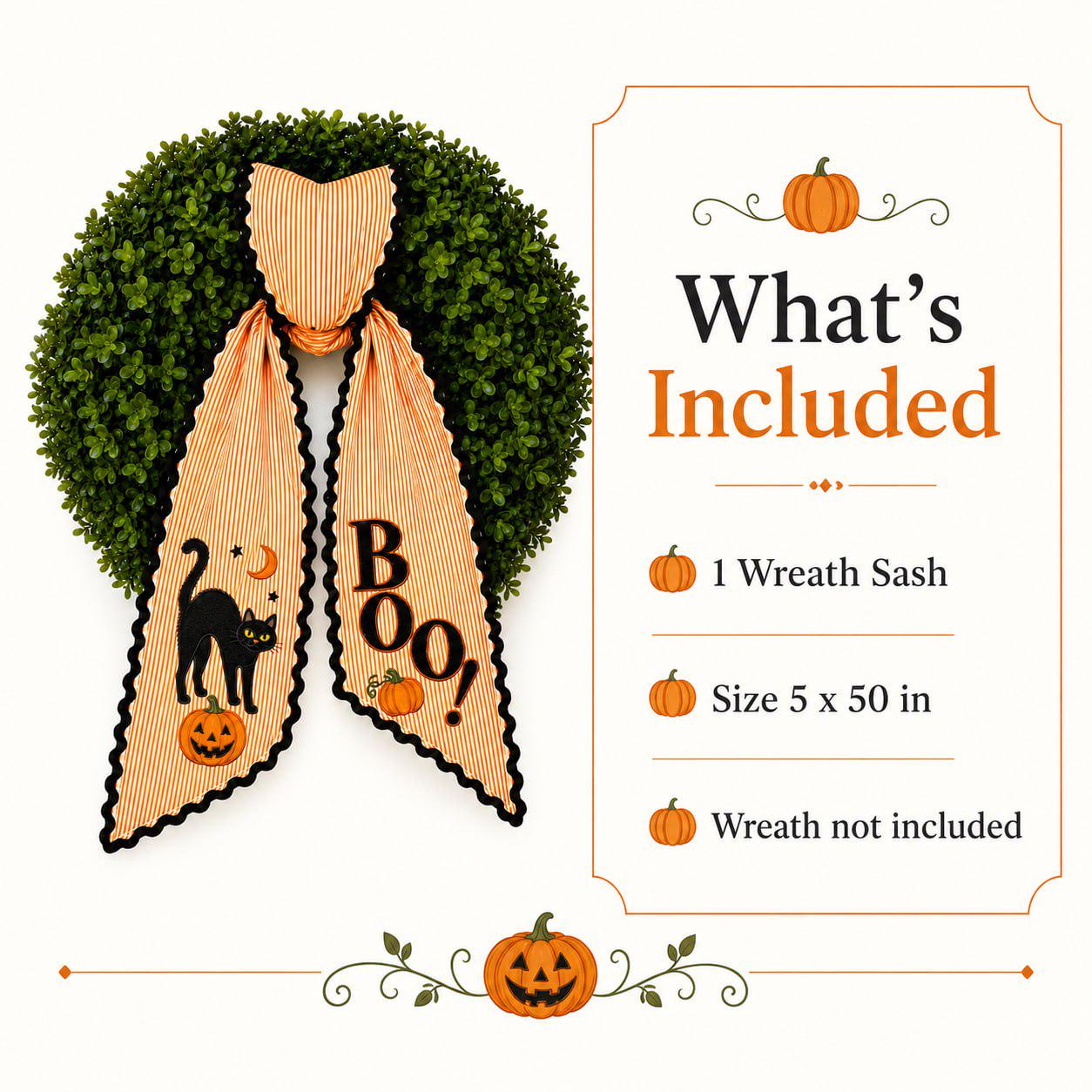 Halloween Wreath Sash And Black Cat Boo Front Door Bow With Orange Stripe Pumpkin Wreath Decor For Spooky Fall Porch Decoration - photo 7