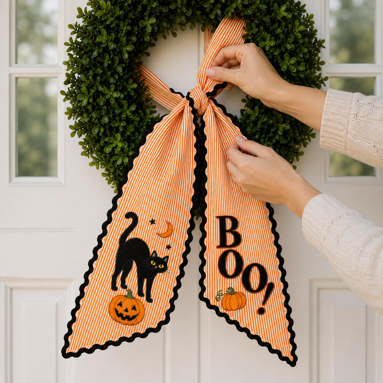 Halloween Wreath Sash And Black Cat Boo Front Door Bow With Orange Stripe Pumpkin Wreath Decor For Spooky Fall Porch Decoration - photo 8