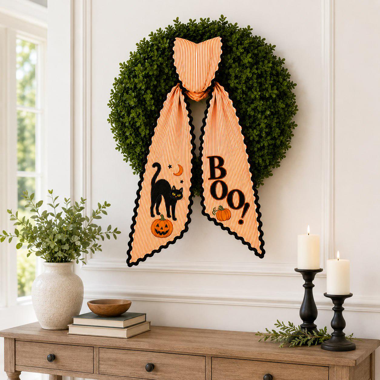 Halloween Wreath Sash And Black Cat Boo Front Door Bow With Orange Stripe Pumpkin Wreath Decor For Spooky Fall Porch Decoration - photo 10