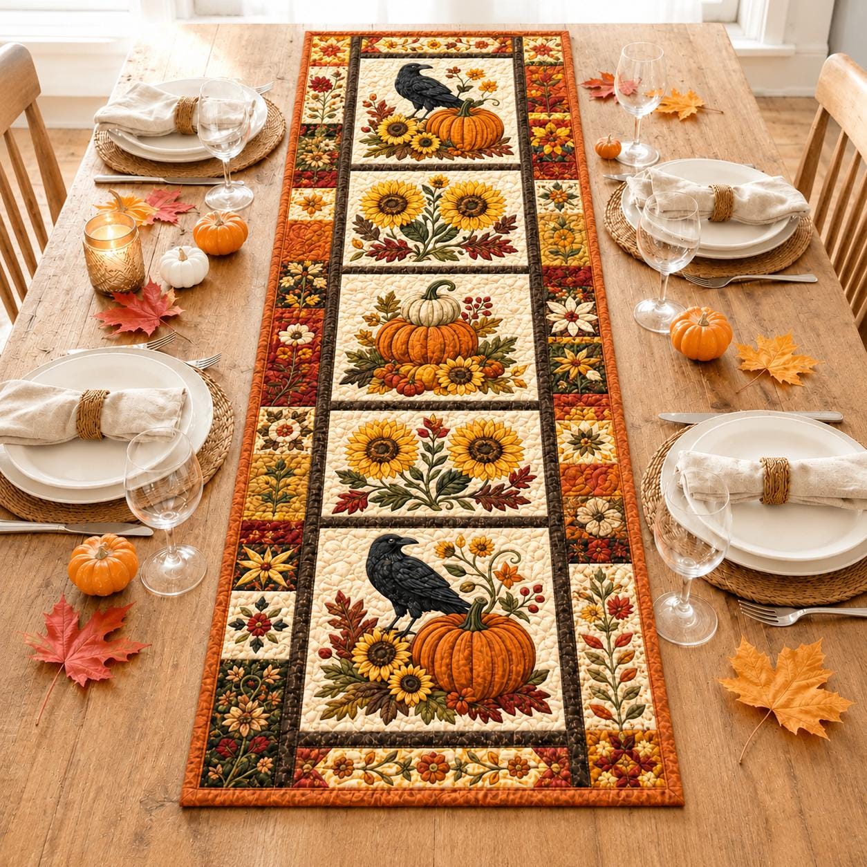 Table Runner and Centerpiece with Fall Raven Quilt Style, Sunflower Pumpkin Design, Autumn Crow Table Decor, and Farmhouse Harvest Thanksgiving