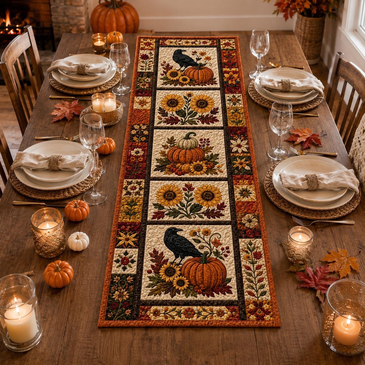 Table Runner and Centerpiece with Fall Raven Quilt Style, Sunflower Pumpkin Design, Autumn Crow Table Decor, and Farmhouse Harvest Thanksgiving - photo 3