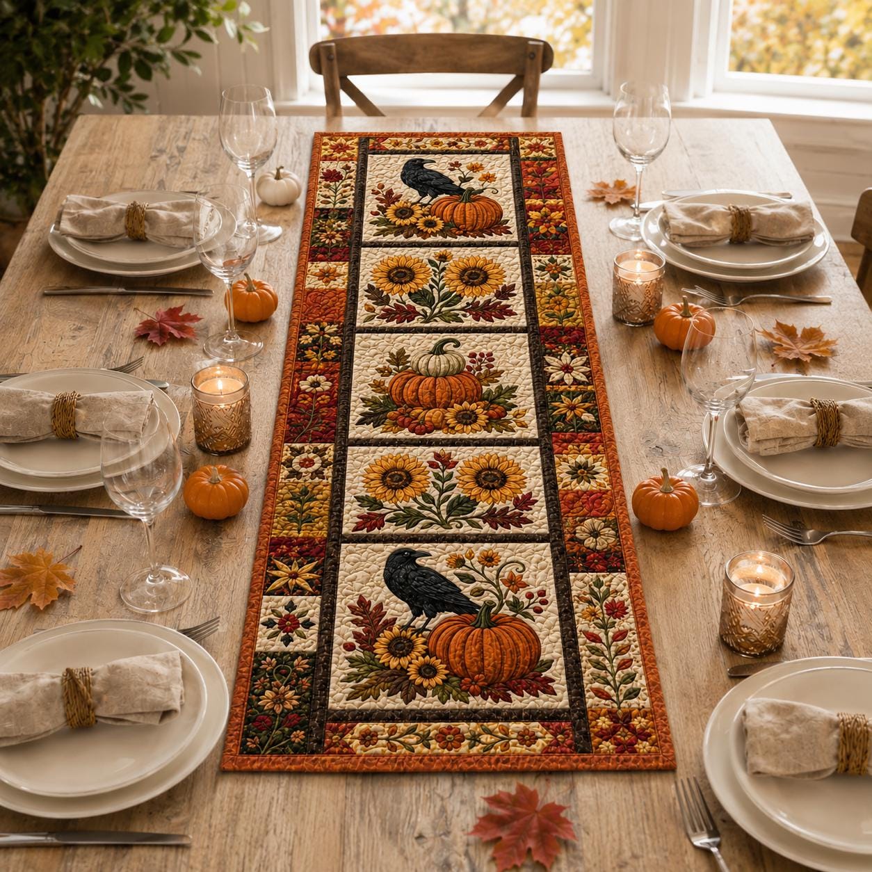 Table Runner and Centerpiece with Fall Raven Quilt Style, Sunflower Pumpkin Design, Autumn Crow Table Decor, and Farmhouse Harvest Thanksgiving - photo 4