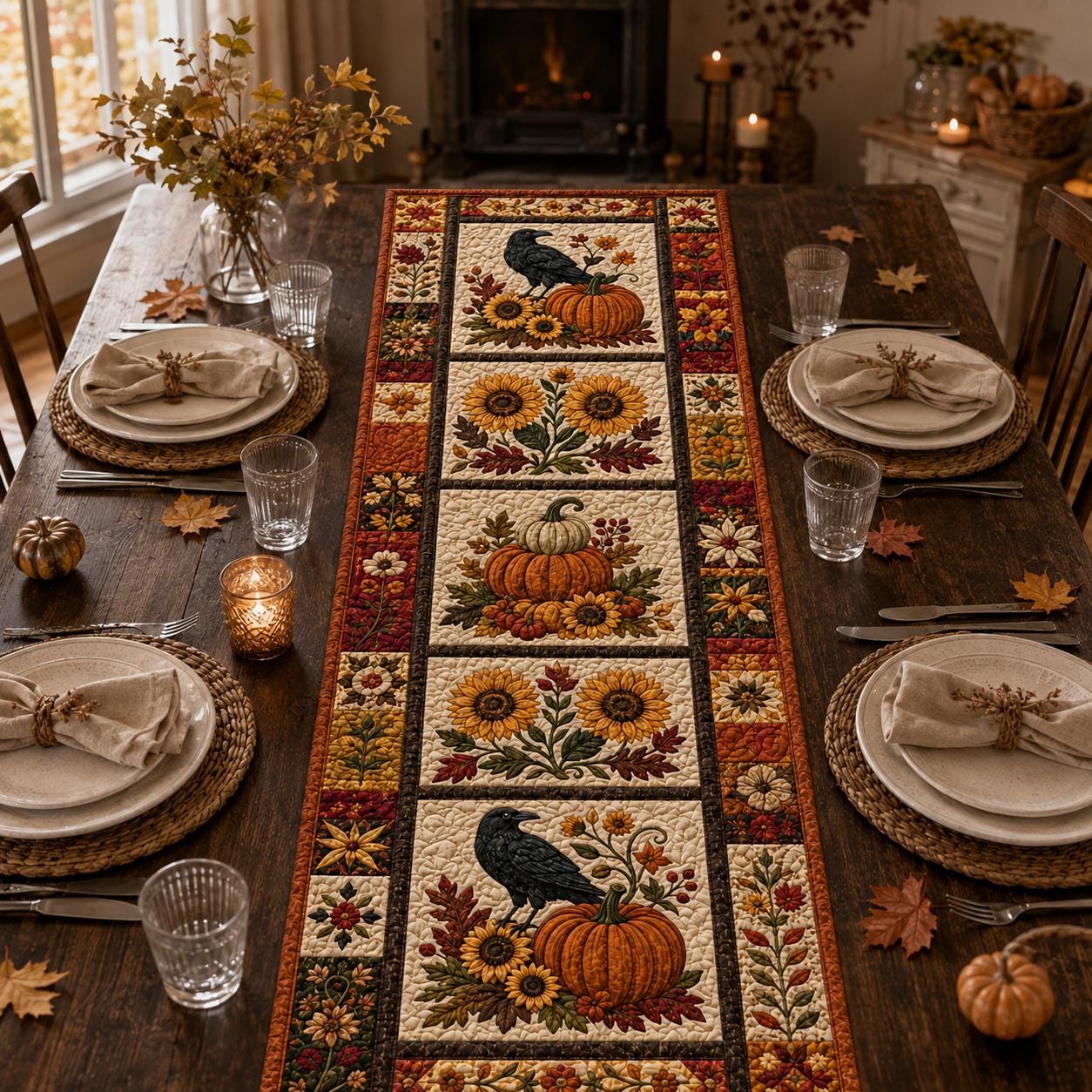 Table Runner and Centerpiece with Fall Raven Quilt Style, Sunflower Pumpkin Design, Autumn Crow Table Decor, and Farmhouse Harvest Thanksgiving - photo 5