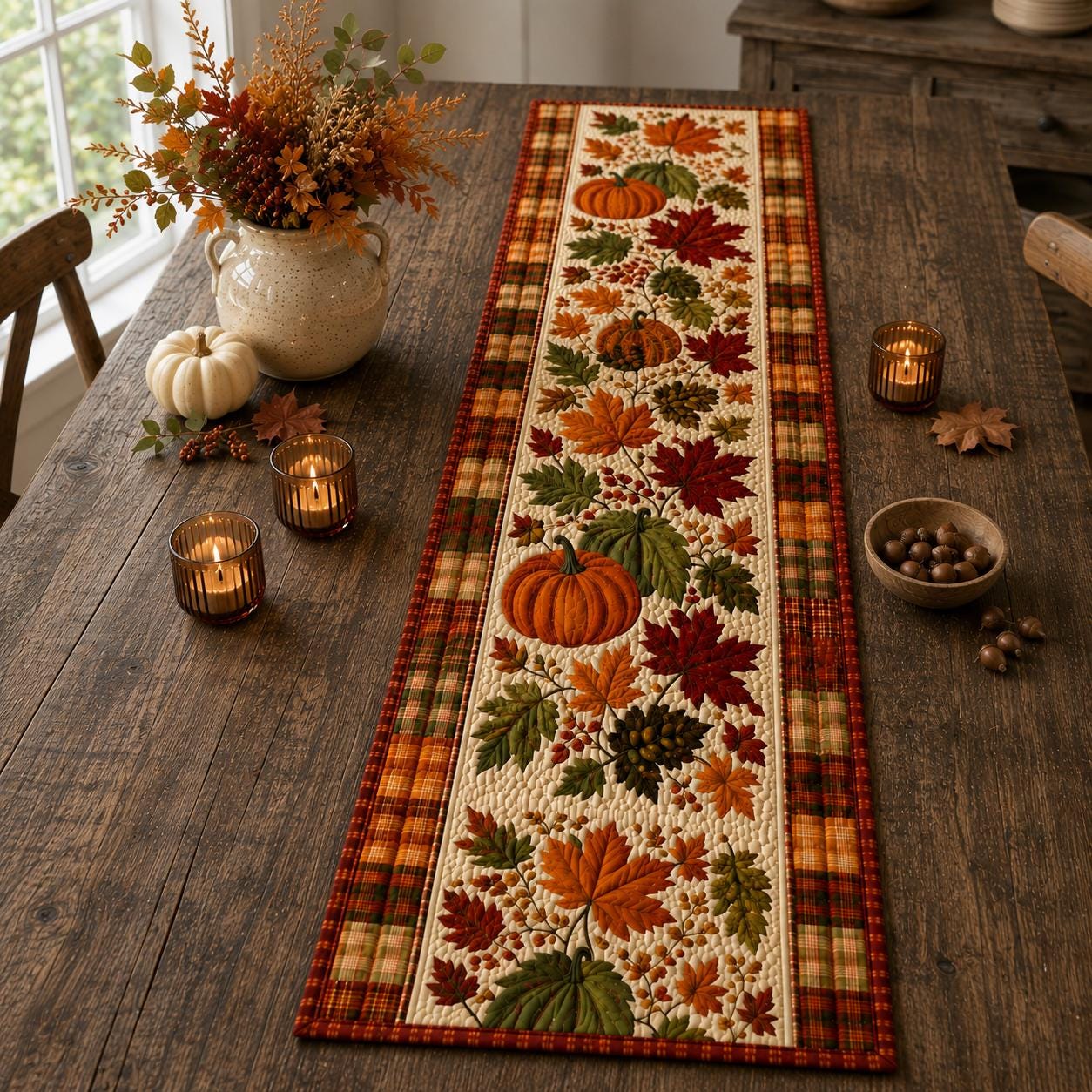 Fall Pumpkin Table Runner with Quilt Style Maple Leaf Plaid Runner and Autumn Harvest Table Decor, Farmhouse Thanksgiving Dining Centerpiece