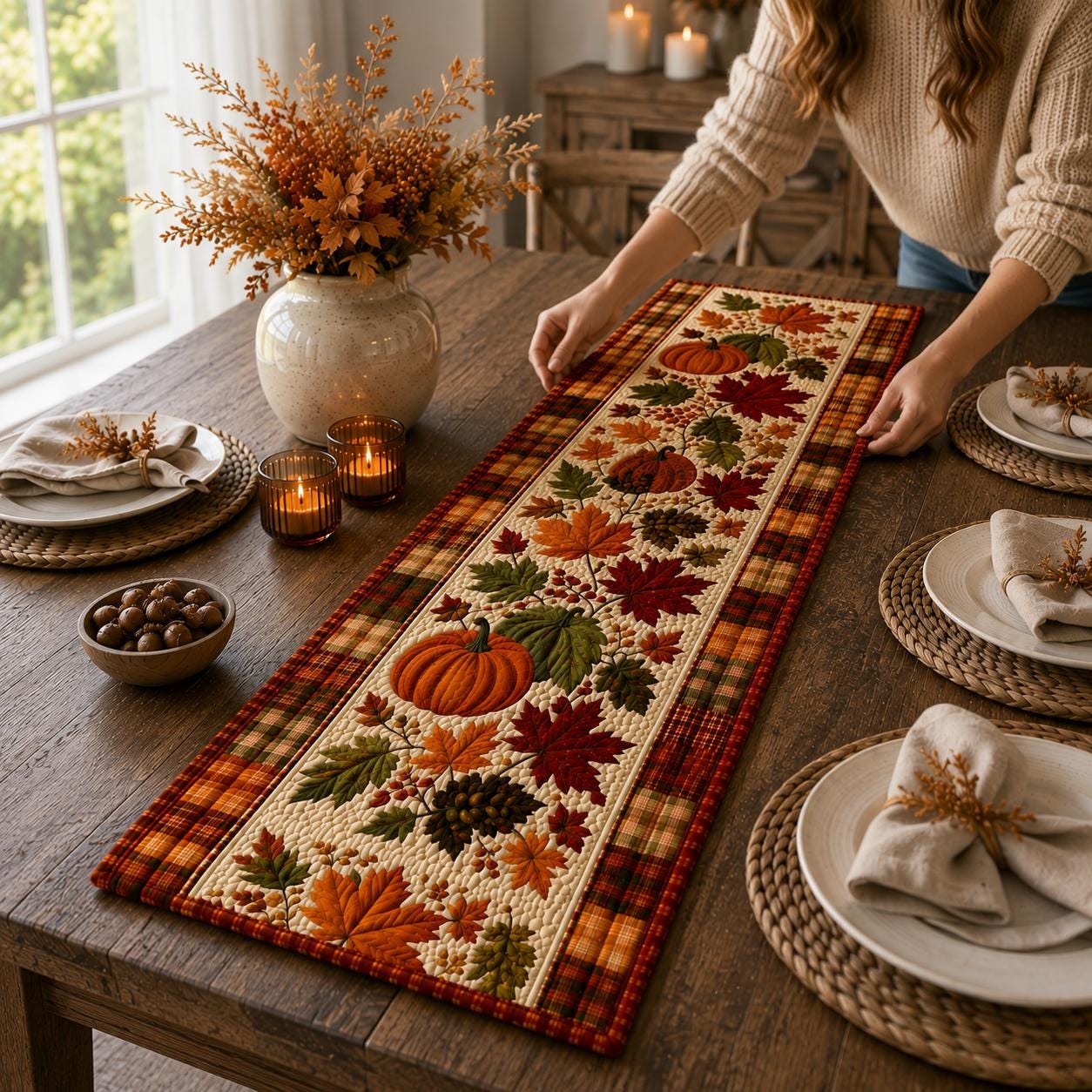 Fall Pumpkin Table Runner with Quilt Style Maple Leaf Plaid Runner and Autumn Harvest Table Decor, Farmhouse Thanksgiving Dining Centerpiece - photo 3