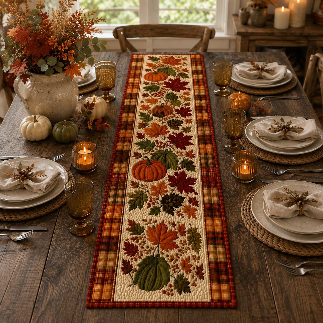 Fall Pumpkin Table Runner with Quilt Style Maple Leaf Plaid Runner and Autumn Harvest Table Decor, Farmhouse Thanksgiving Dining Centerpiece - photo 4