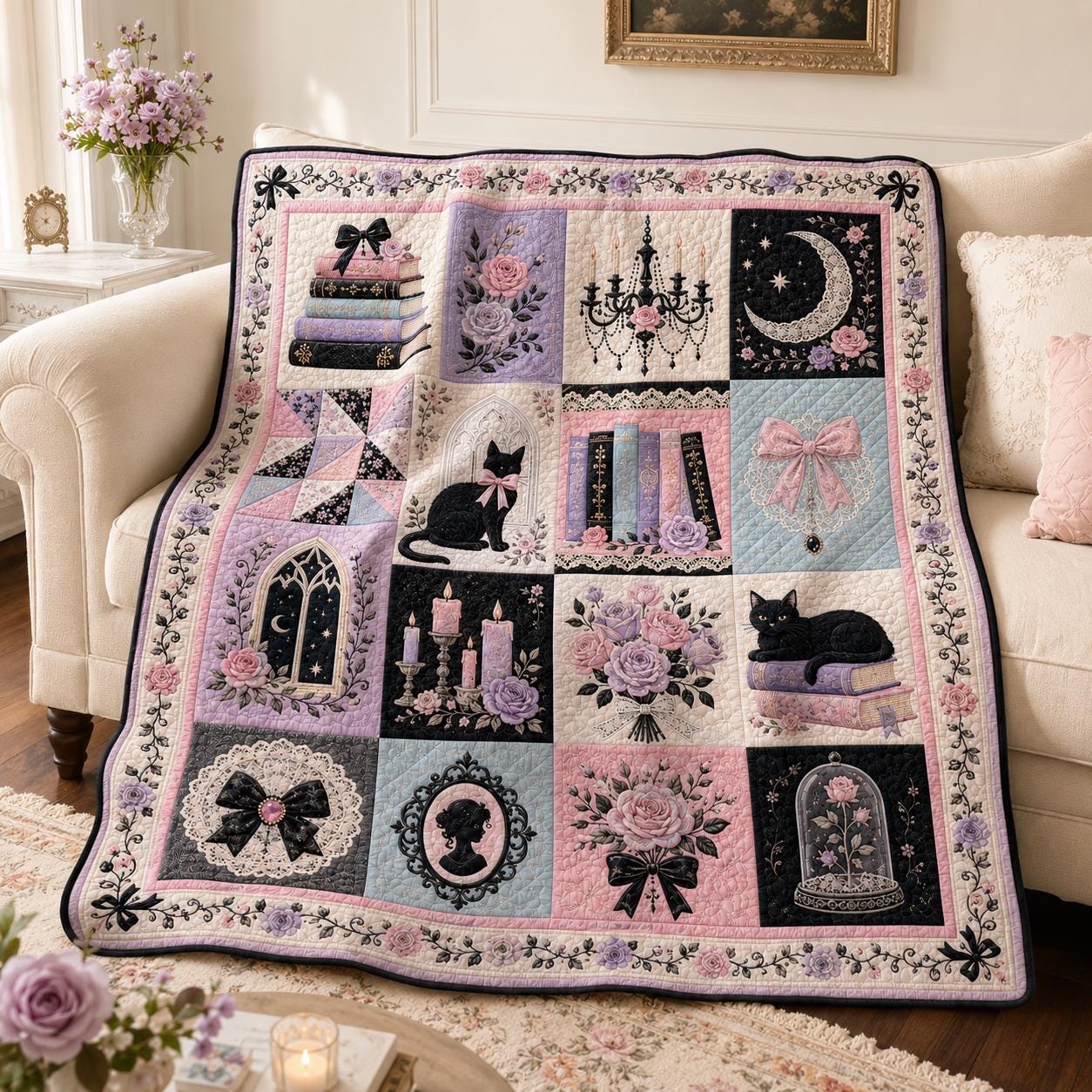 Throw Blanket – Quilted Style Pastel Gothic Black Cat Coquette Pink Lavender Bedroom Decor with Romantic Goth Gift