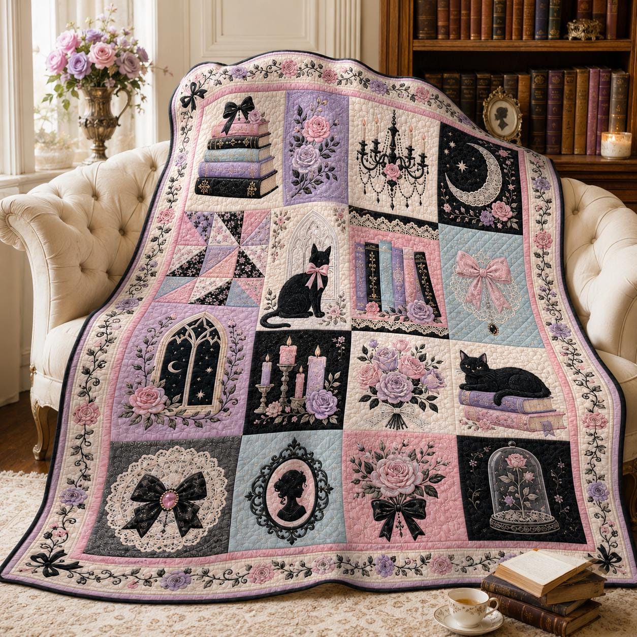 Throw Blanket – Quilted Style Pastel Gothic Black Cat Coquette Pink Lavender Bedroom Decor with Romantic Goth Gift - photo 2