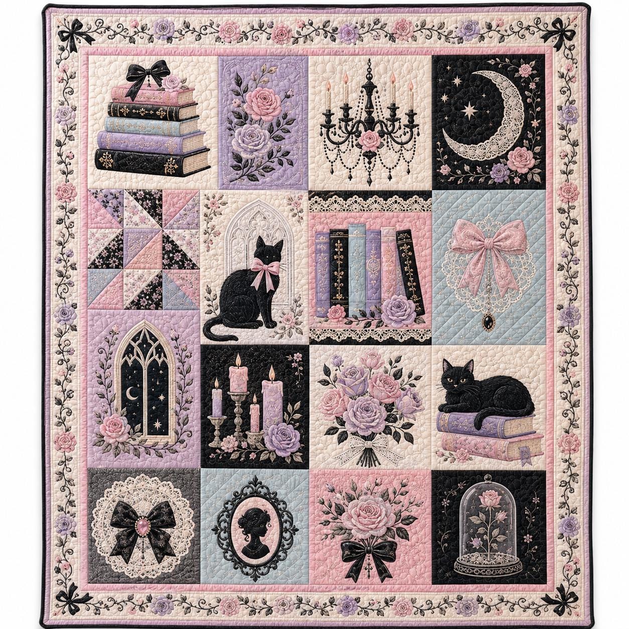 Throw Blanket – Quilted Style Pastel Gothic Black Cat Coquette Pink Lavender Bedroom Decor with Romantic Goth Gift - photo 5