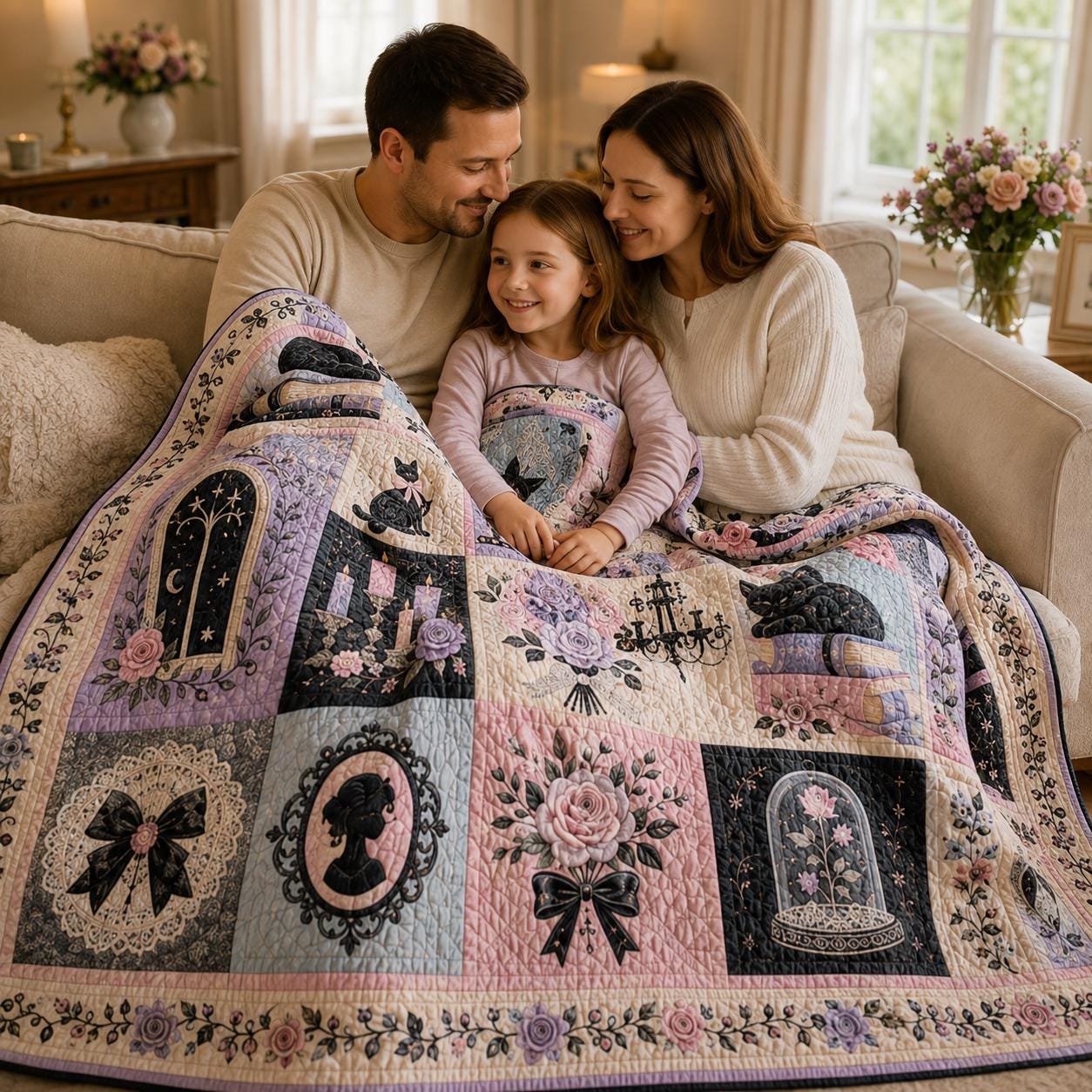 Throw Blanket – Quilted Style Pastel Gothic Black Cat Coquette Pink Lavender Bedroom Decor with Romantic Goth Gift - photo 6