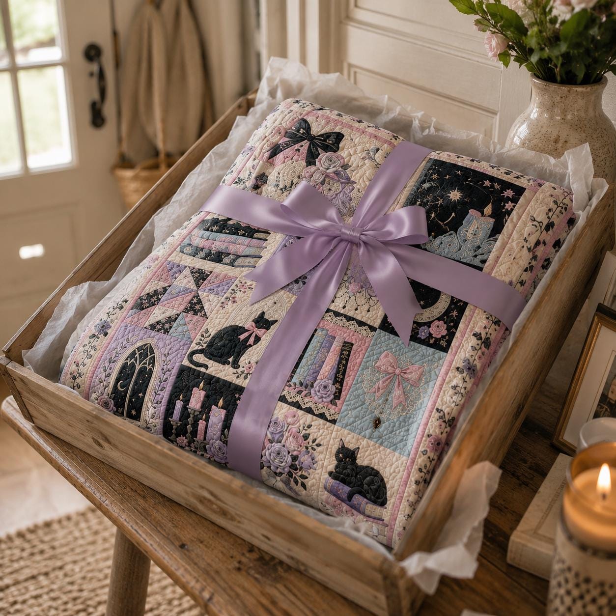 Throw Blanket – Quilted Style Pastel Gothic Black Cat Coquette Pink Lavender Bedroom Decor with Romantic Goth Gift - photo 7