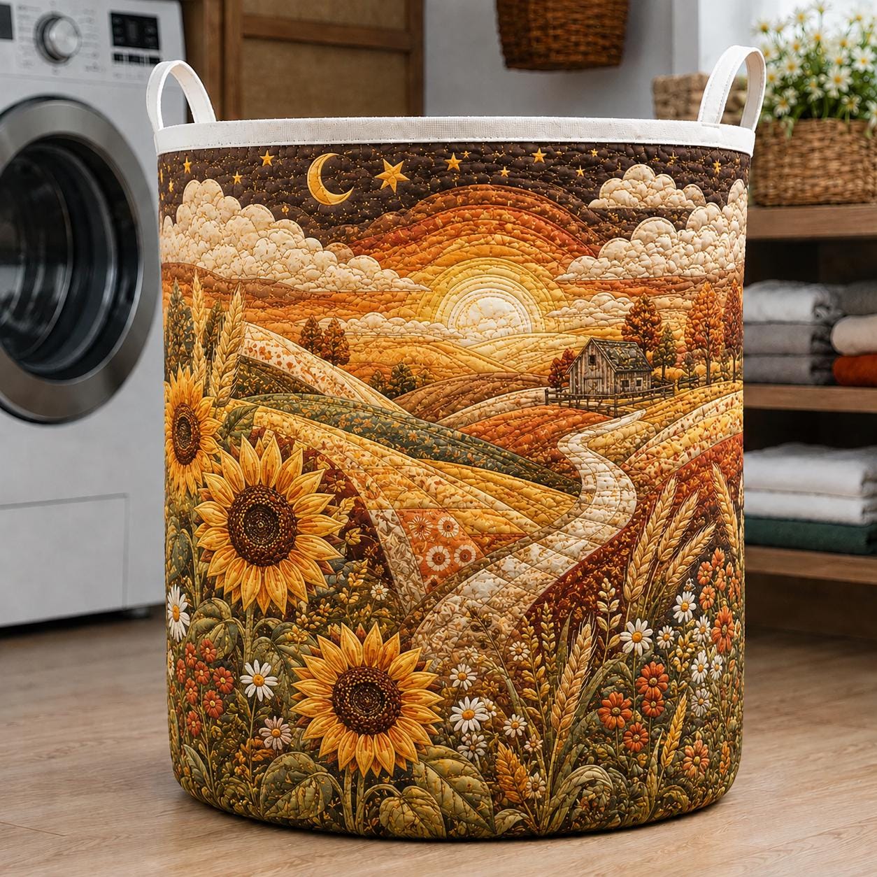Laundry Hamper – Quilt Style Country Farm Storage Basket and Rustic Landscape Clothes Bin for Fall Farmhouse Sunflower Room Decor