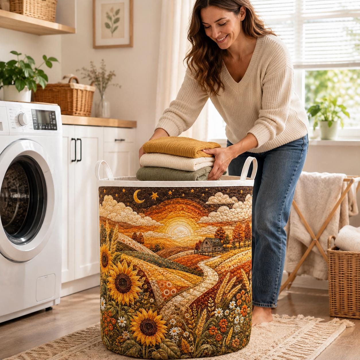 Laundry Hamper – Quilt Style Country Farm Storage Basket and Rustic Landscape Clothes Bin for Fall Farmhouse Sunflower Room Decor - photo 3