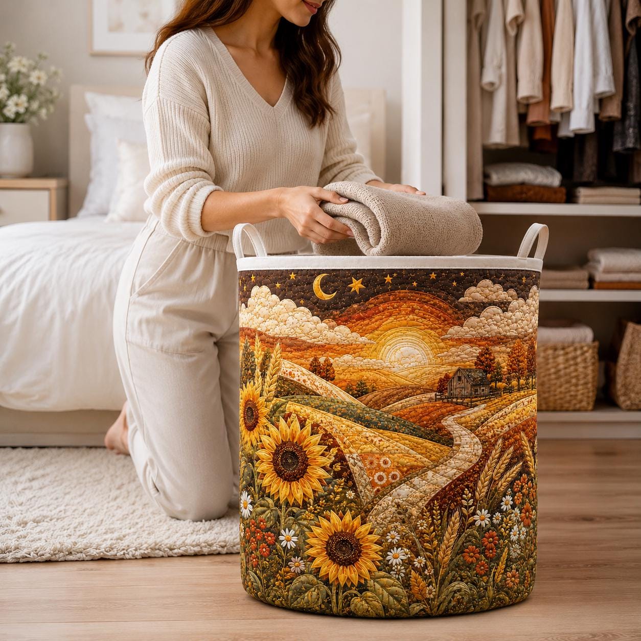 Laundry Hamper – Quilt Style Country Farm Storage Basket and Rustic Landscape Clothes Bin for Fall Farmhouse Sunflower Room Decor - photo 4