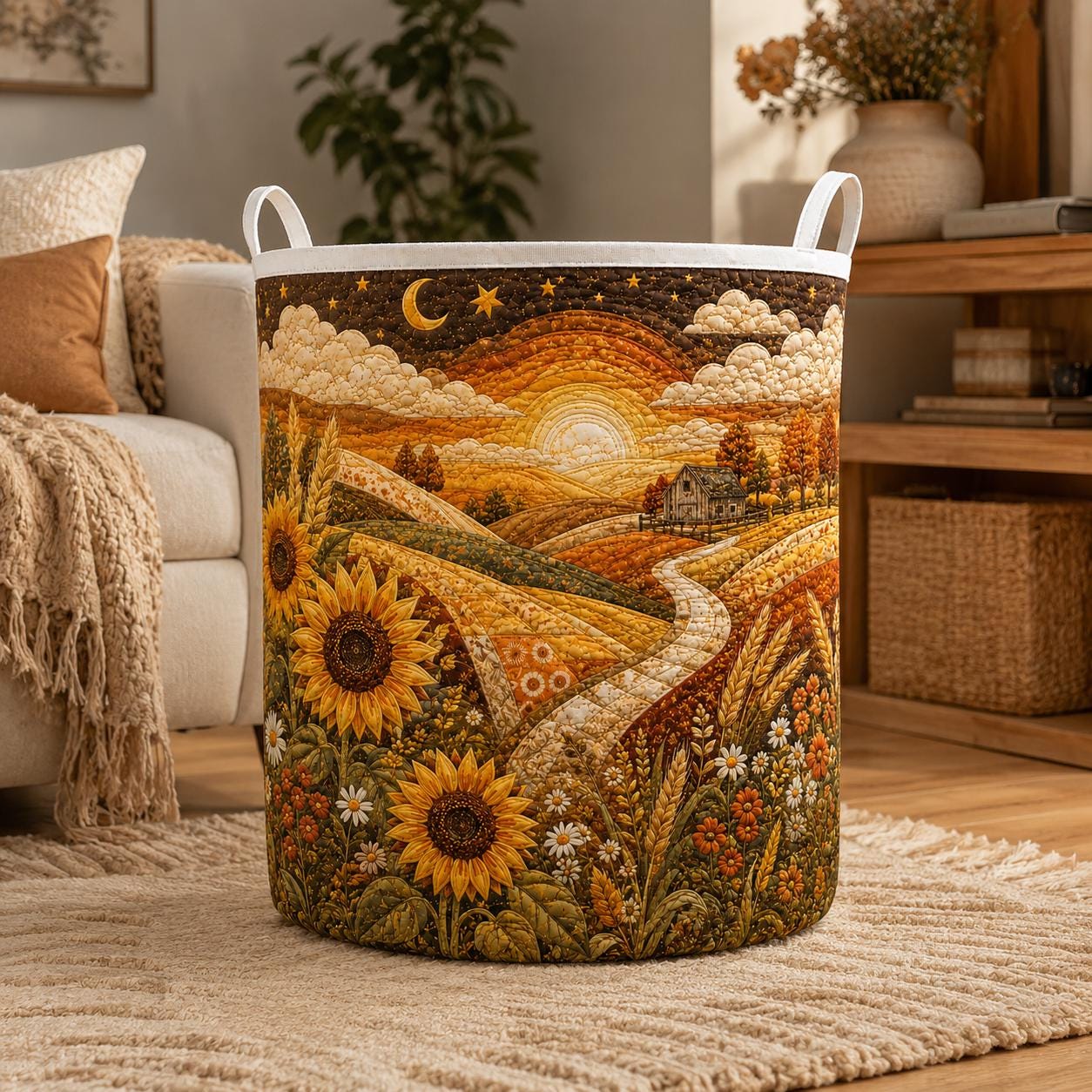 Laundry Hamper – Quilt Style Country Farm Storage Basket and Rustic Landscape Clothes Bin for Fall Farmhouse Sunflower Room Decor - photo 5