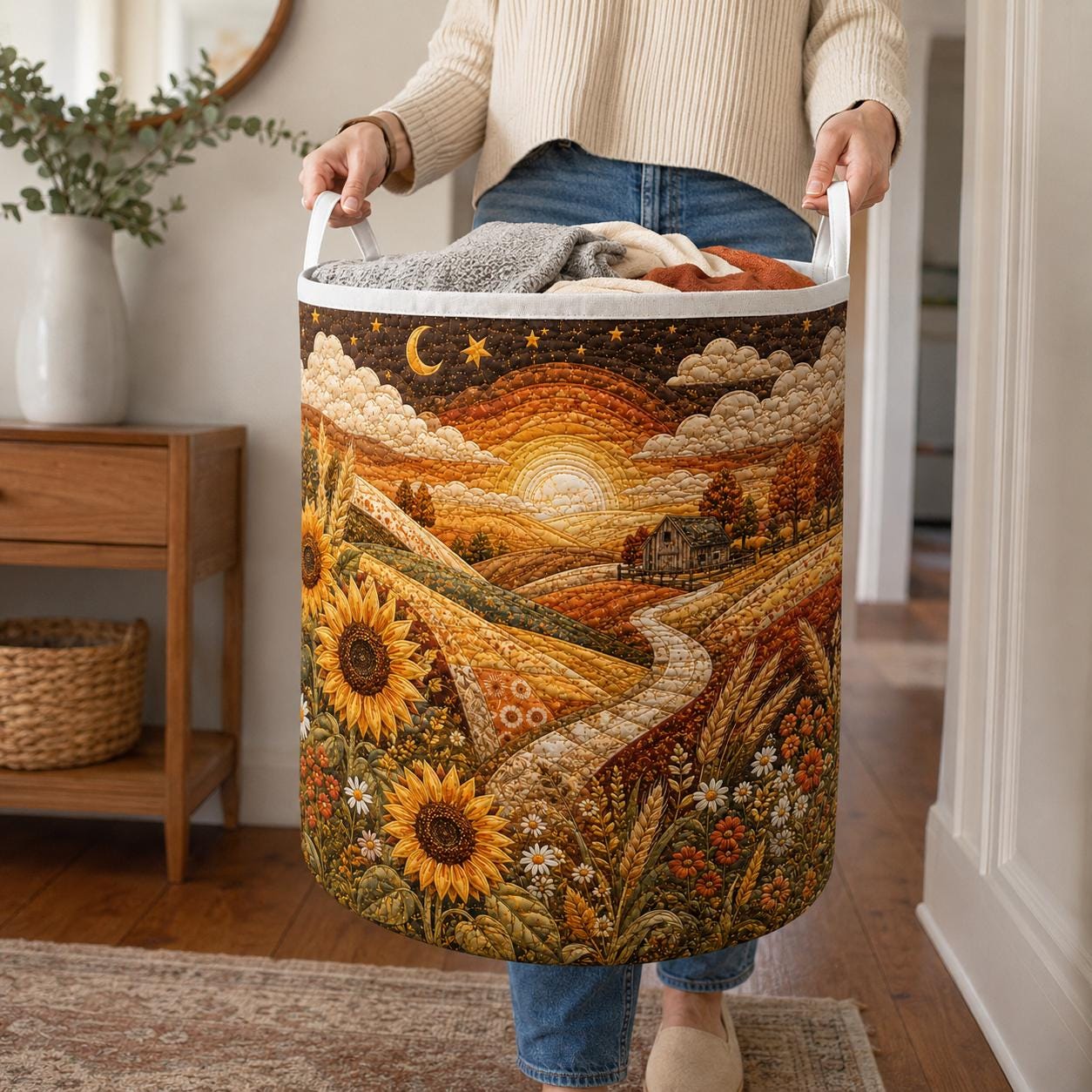 Laundry Hamper – Quilt Style Country Farm Storage Basket and Rustic Landscape Clothes Bin for Fall Farmhouse Sunflower Room Decor - photo 6