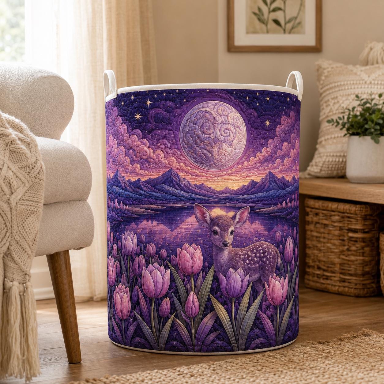 Deer Laundry Hamper with Quilt Style Moonlit Forest Storage Basket and Purple Tulip Clothes Bin, Celestial Woodland Laundry Room Decor