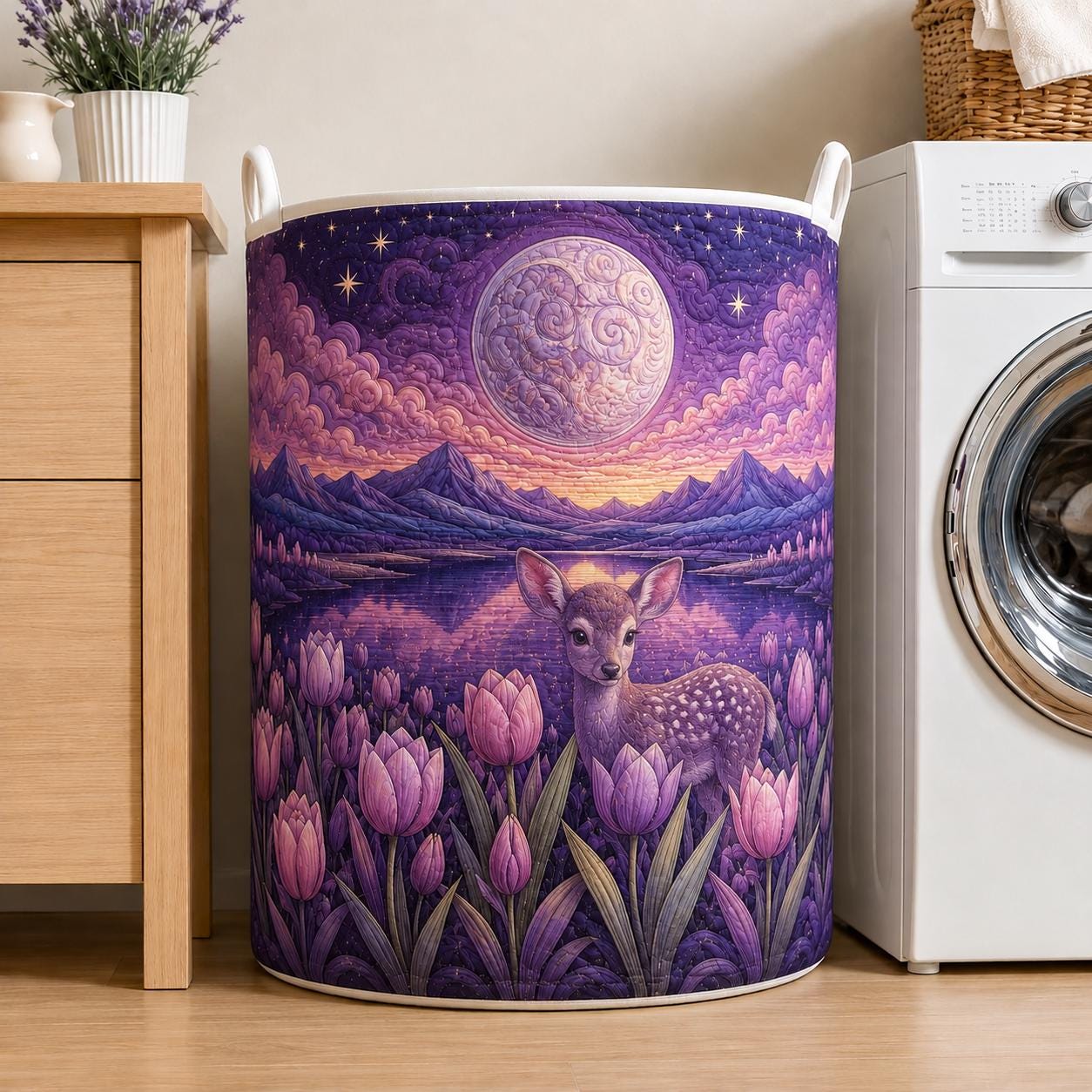Deer Laundry Hamper with Quilt Style Moonlit Forest Storage Basket and Purple Tulip Clothes Bin, Celestial Woodland Laundry Room Decor - photo 2